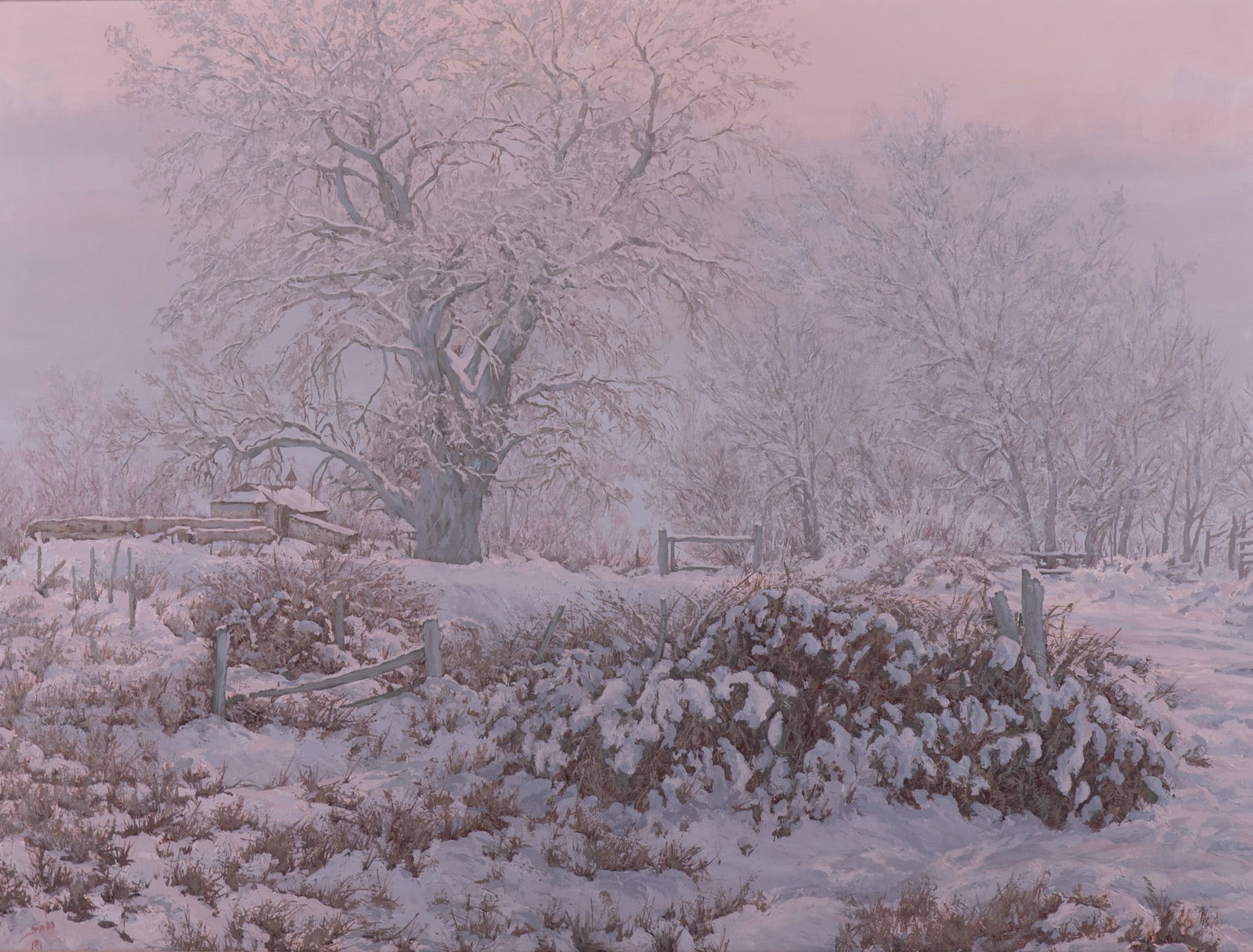 Betty Jean (Angelos) Sabo, Missouri / New Mexico (1928-2016), Winter Scene, oil on board: Betty Jean (Angelos) Sabo Missouri / New Mexico, (1928-2016) Winter Scene oil on board signed lower left, framed. 38 x 48 inches; 50 x 61 inches (overall with frame)