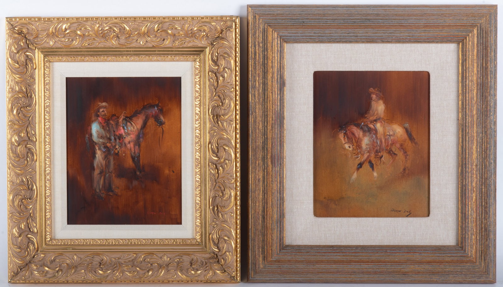 George Dick, New Mexico / Wisconsin (1916-1978), Cowboys with their Horses, two oil paintings on (1 of 4)