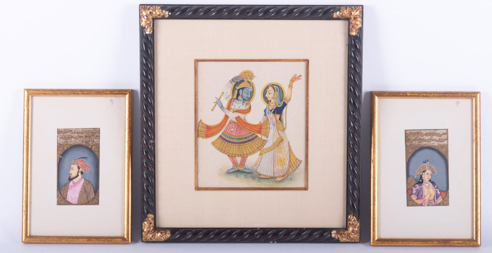 Indian School Portraits of Rulers: Indian School Portraits of Rulers (3) Three artworks. Gouache on paper individual portraits of Aurangzeb and Mumtaz Mahal in gilt frames. The other depicts deities Radha and Krishna. 16 1/4 x 15 inche
