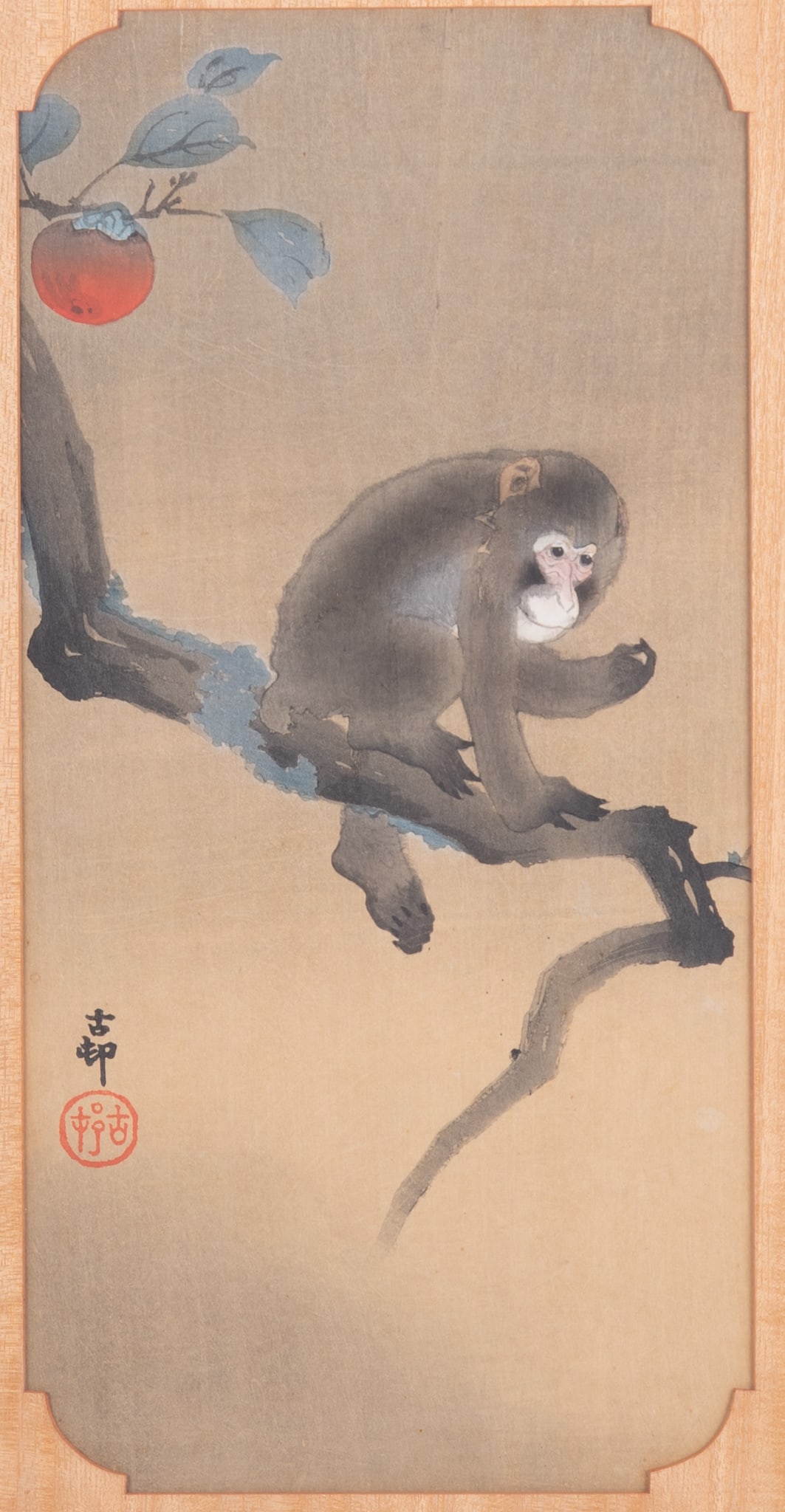 Ohara Koson, Japanese 1877-1945, Monkey in a Persimmon Tree, woodblock (1 of 4)