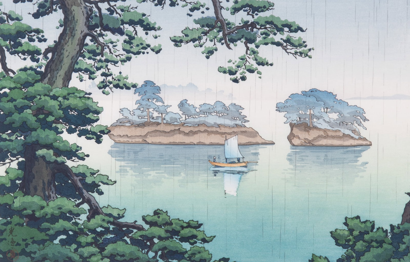Tsuchiya Koitsu, Japanese (1870-1949), Spring Rain at Matsushima, color woodcut: Tsuchiya Koitsu Japanese, (1870-1949) Spring Rain at Matsushima color woodcut signed lower left, framed. 10 x 15 1/4 inches (visible); 18 1/2 x 24 inches (overall with frame)