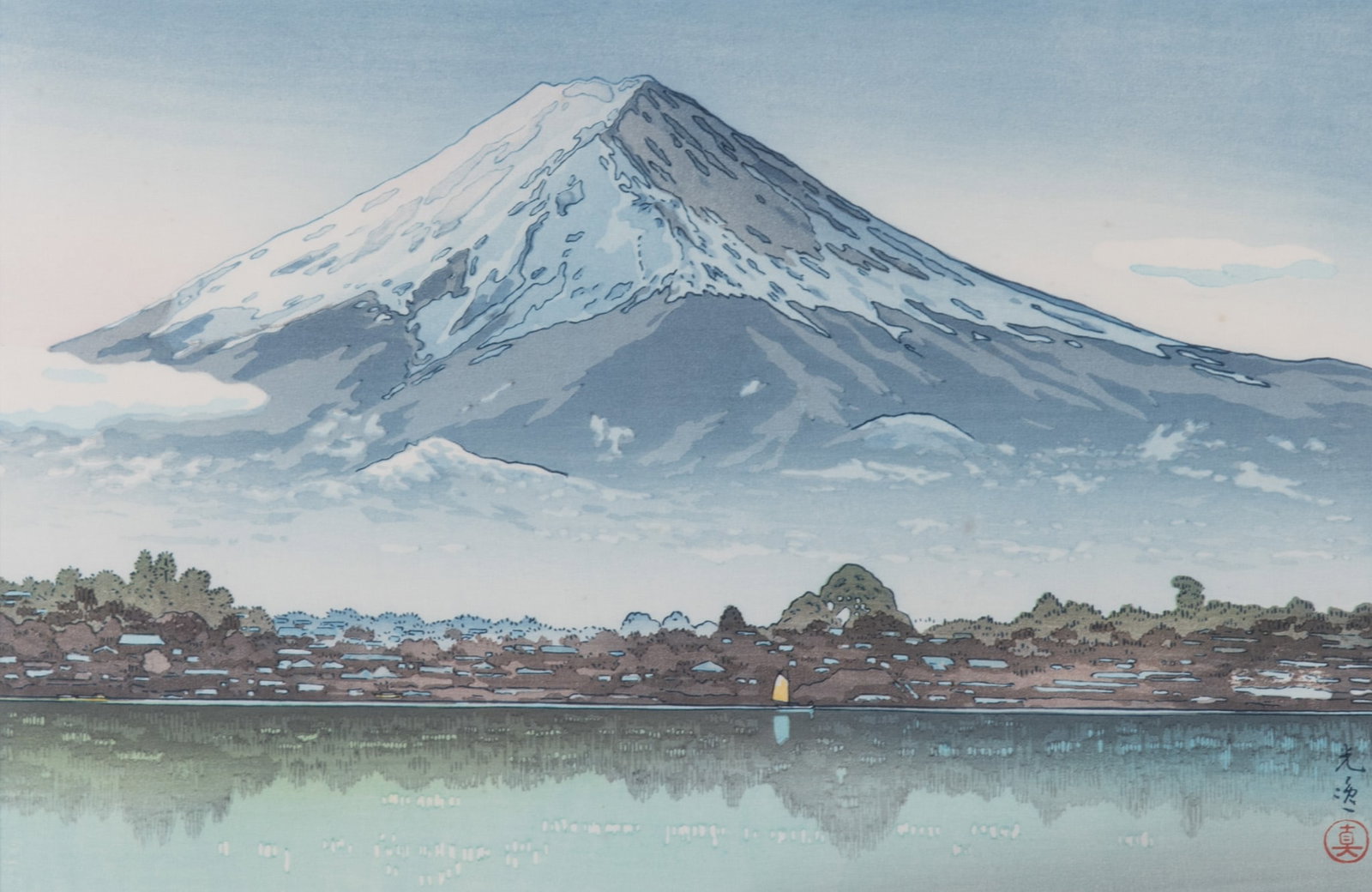 Tsuchiya Koitsu, Japanese (1870-1949), Morning Fuji from Lake Kawaguchi, color woodcut: Tsuchiya Koitsu Japanese, (1870-1949) Morning Fuji from Lake Kawaguchi color woodcut signed lower right, framed. 10 x 15 1/4 inches (visible); 18 1/2 x 24 inches (overall with frame)