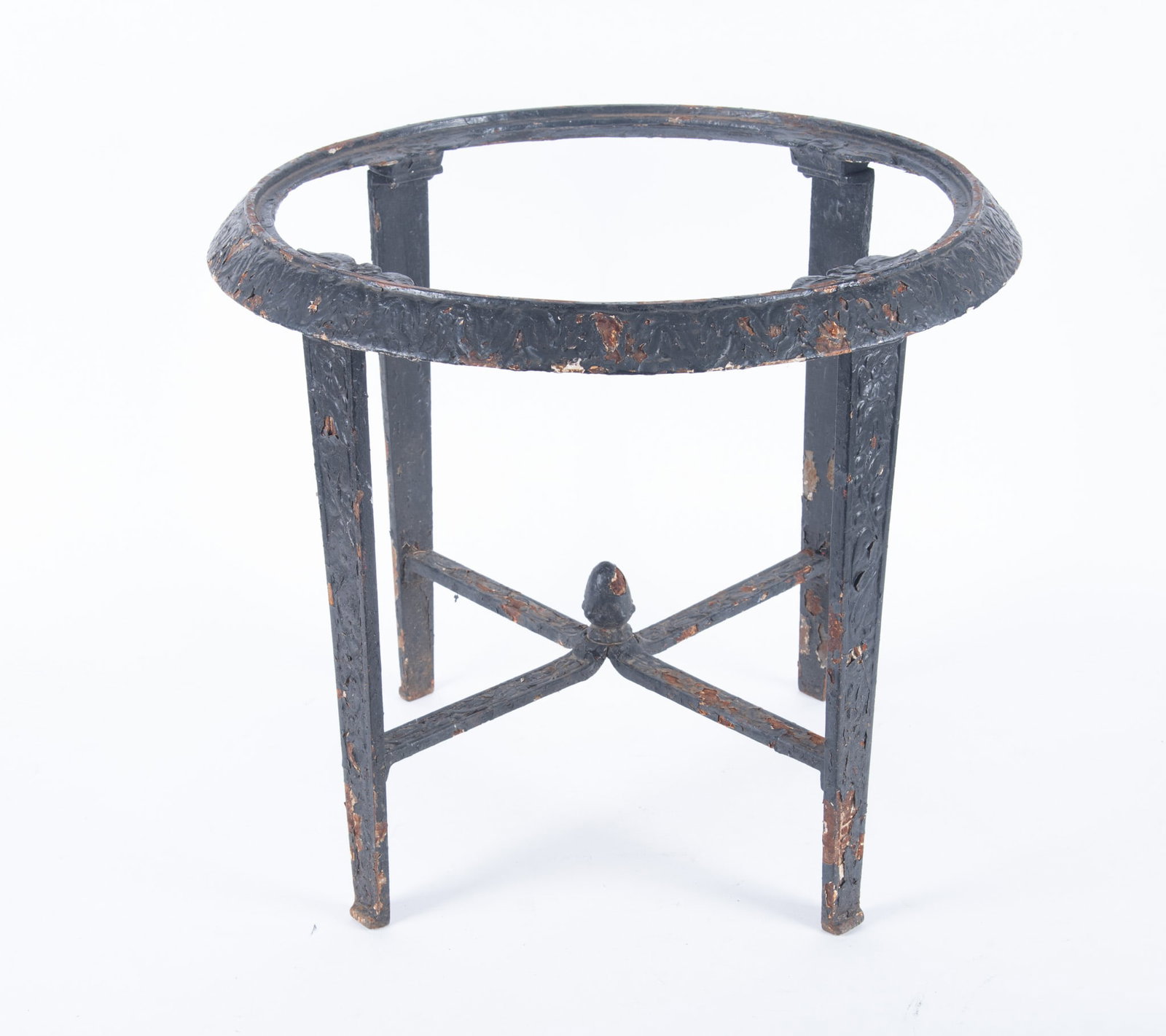 Metal Art Deco Round Low Table: Metal Art Deco Round Low Table Circa 1930s-1940s, Seville Studio style features floral and vine accent with an acorn finial connecting the bands. 18 1/2 x 21 x 21 inches