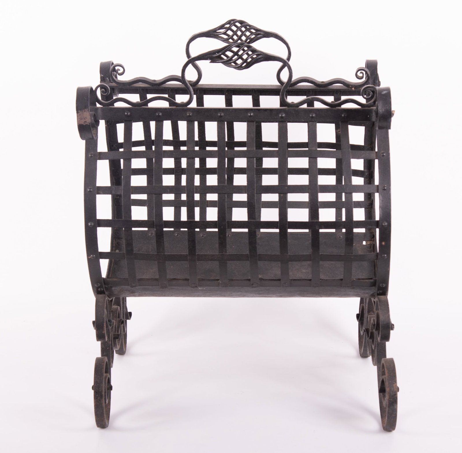 Arts & Crafts Wrought Iron Firewood Holder with Handles: Arts & Crafts Wrought Iron Firewood Holder with Handles solid base, caged sides. 24 x 19 x 18 inches