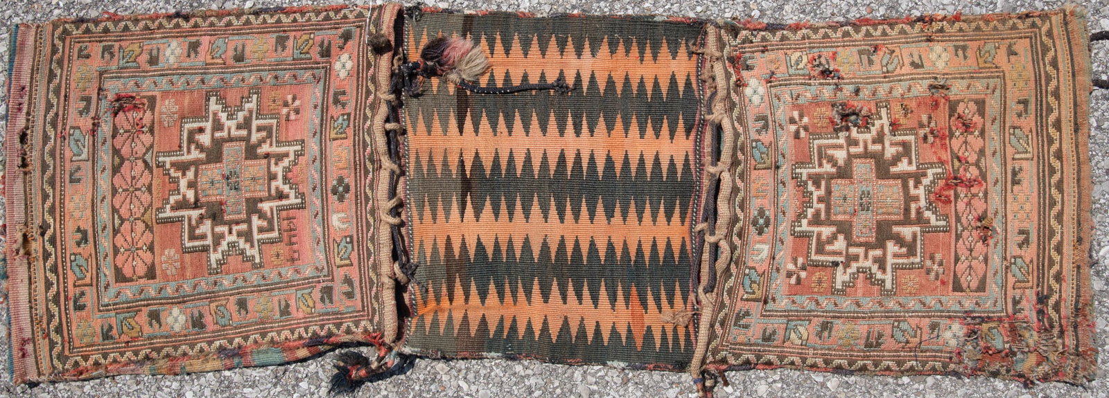 Daghestani Soumak Double Bag: Daghestani Soumak Double Bag Dated 1947. Wool hand woven double bag/ saddle bag. 46 x 16 inches