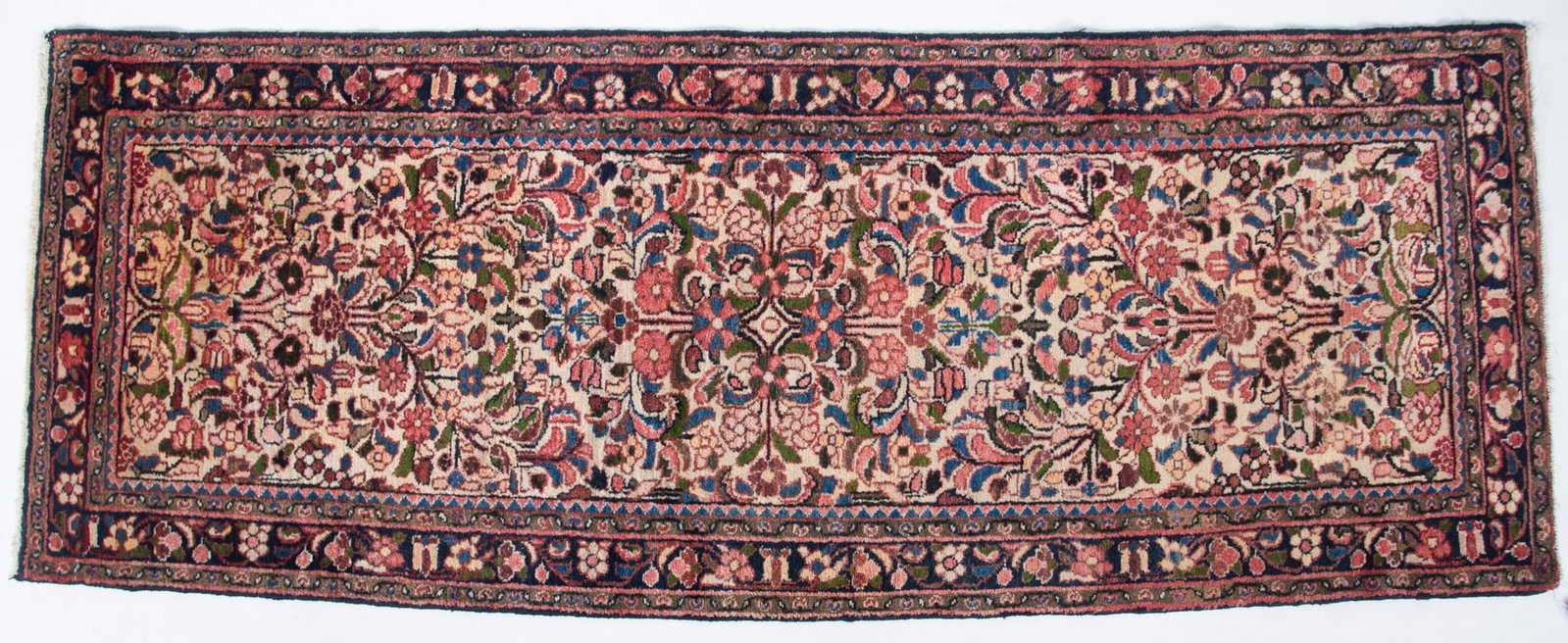 Handwoven Persian Hamadan Runner: Handwoven Persian Hamadan Runner Ivory field with all over foliate and scrolling designs within a dark floral border. 2' 8" x 7' 2"