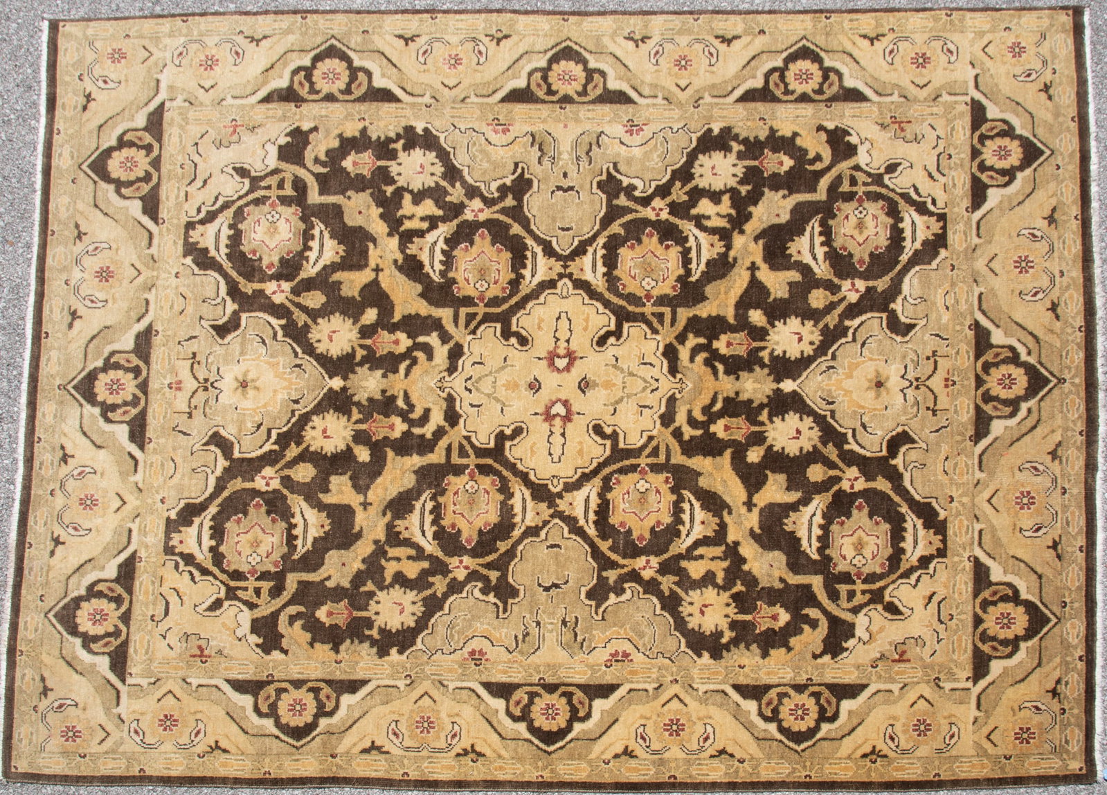 Handwoven Persian Oushak Room Rug: Handwoven Persian Oushak Room Rug Geometric and floral filled field in brown, tan and red. 8' x 10'