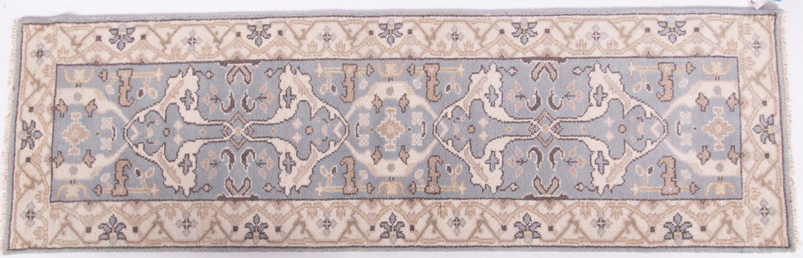 Handwoven Persian Oushak Runner: Handwoven Persian Oushak Runner Blue/ Grey field with geometric and floral designs with a tan floral filled border. 2' 7" x 8'
