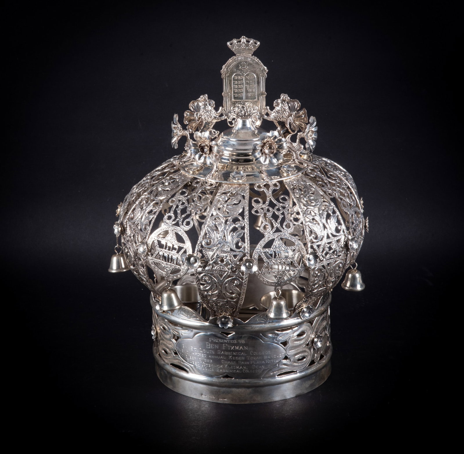 Massive Judaica Sterling Silver Torah Crown: Massive Judaica Sterling Silver Torah Crown This amazing 20th century crown measures 16 x 11 1/2 inches. and weighs 59.44 troy ounces. It is hand-chased and has a very detailed inscription inside the 
