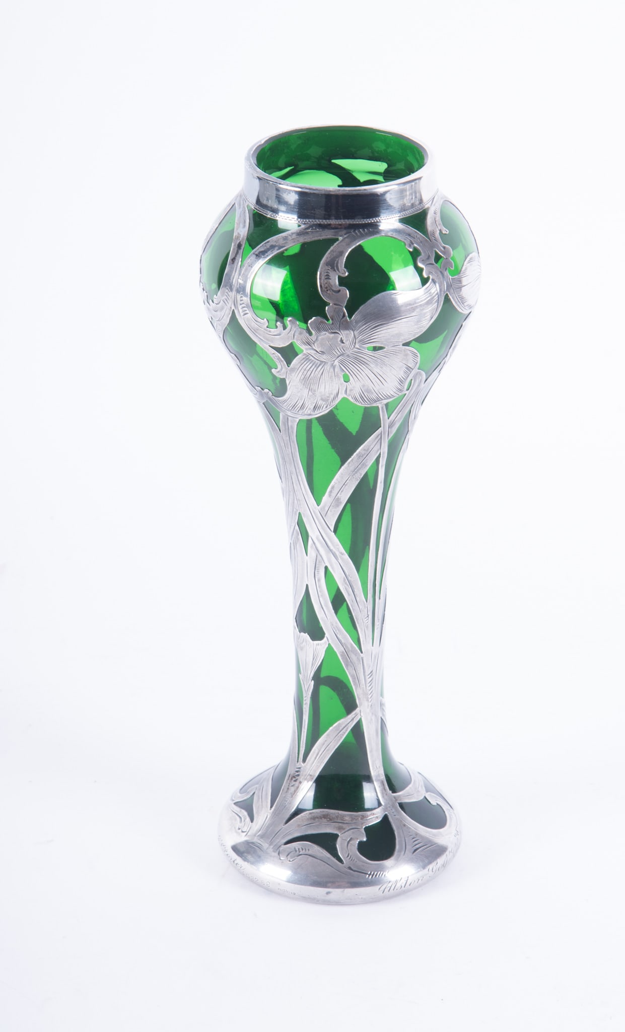 Alvin Fine Sterling Silver Overlay Green Glass Vase: Alvin Fine Sterling Silver Overlay Green Glass Vase Inscribed on the base rim Allston Golf Club Open Tournament May 20, 1904. Net Prize Won By E. Porter. Silver marked 999/1000. G3268 Patented. 10 1/8