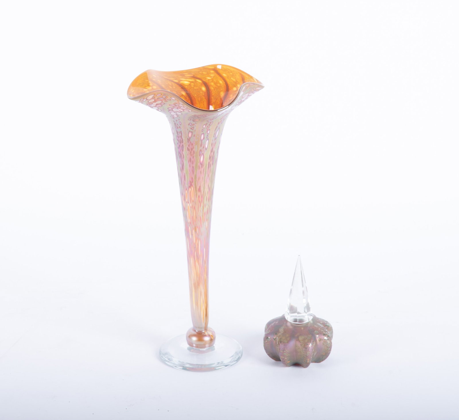 Two Pieces American Studio Art Glass, Craig Zweifel: Two Pieces American Studio Art Glass, Craig Zweifel American, late 20th century, two pieces of signed iridescent art glass by West Coast artist Craig Zweifel. A gold trumpet vase with clear base,
