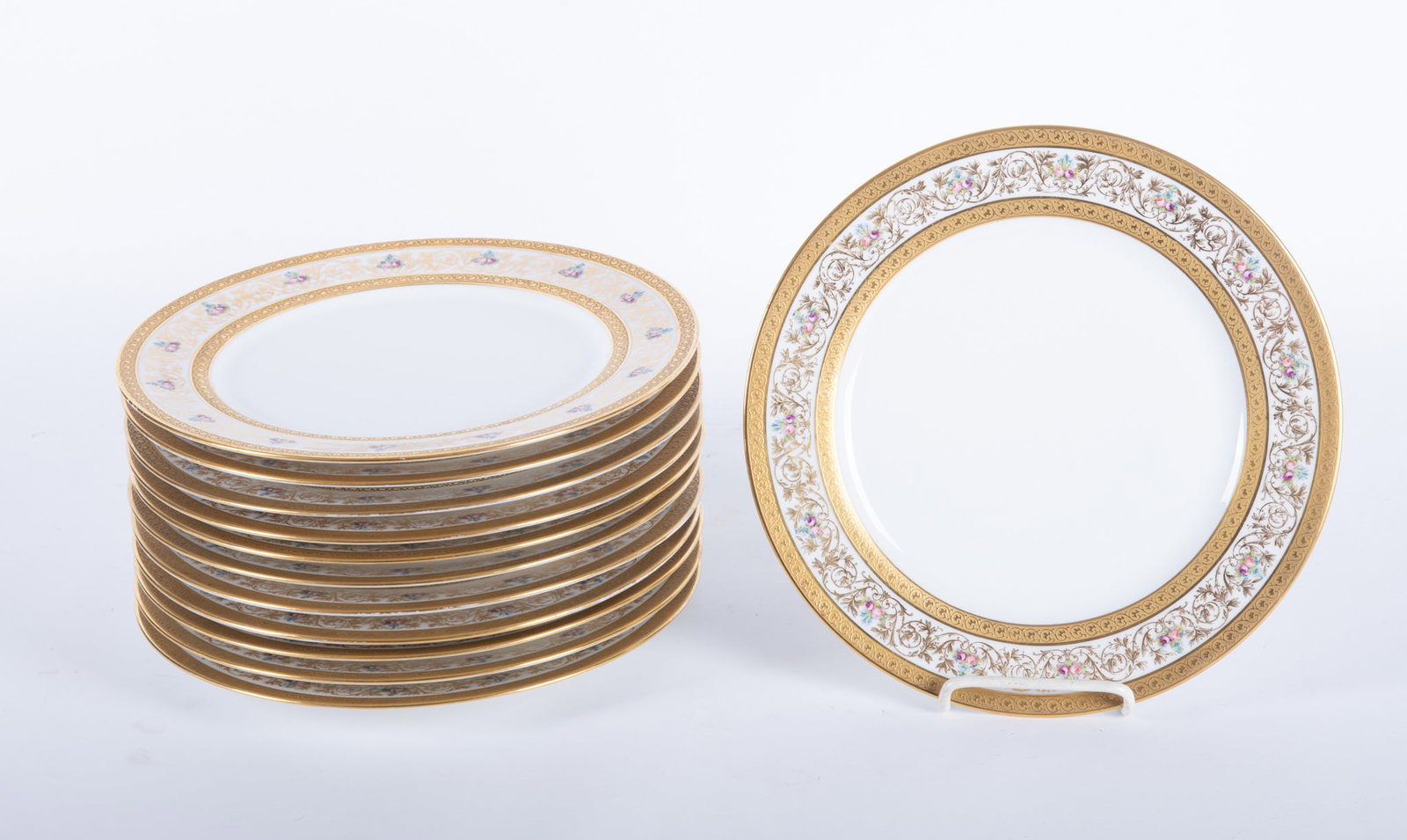 Twelve Limoges Porcelain Heavily Gilt and Floral Service Plates, Guerin & Co. (1 of 4)