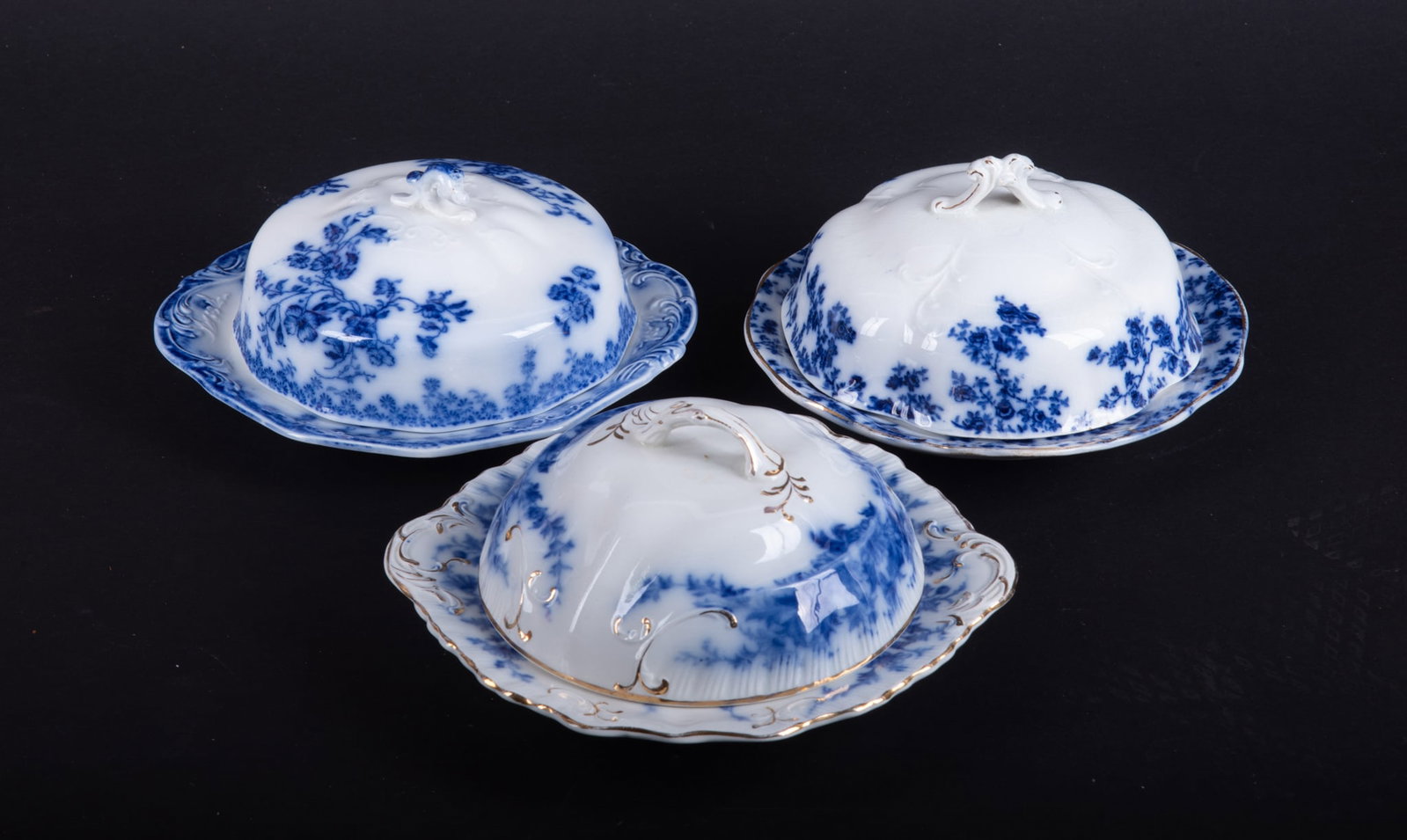 Three Antique Staffordshire Flow Blue Butter Dishes (1 of 4)