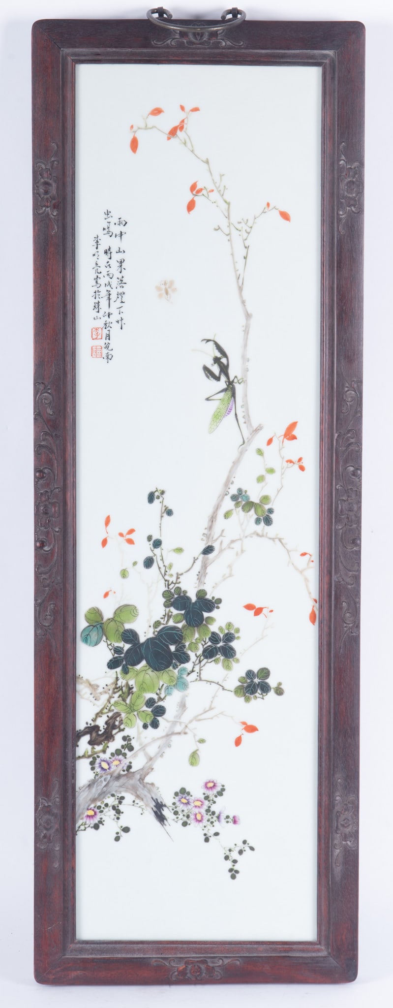 Large Chinese Painted Porcelain Plaque: Large Chinese Painted Porcelain Plaque Large porcelain plaque wall mounted in wooden frame. Having a hand-painted watercolor of a mantis perched on a tree limb with intricate floral designs. Marked in