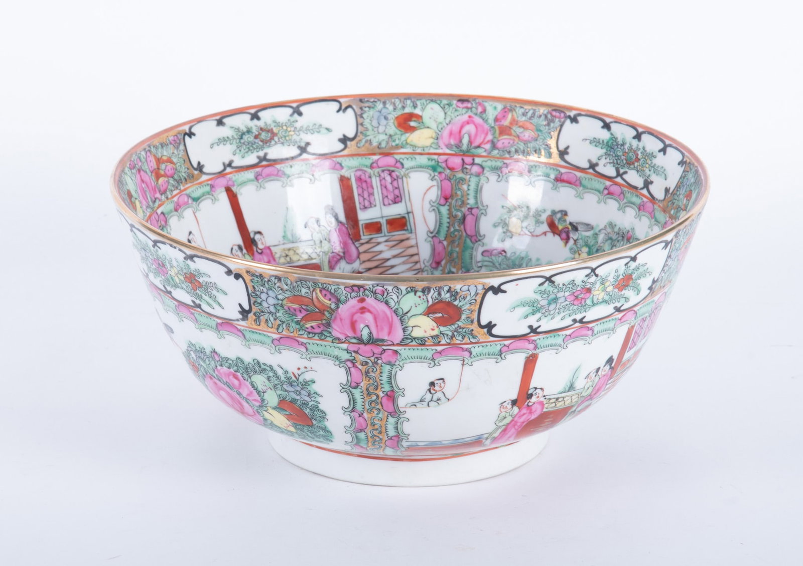 A Porcelain Famille Rose Medallion Center Bowl: A Porcelain Famille Rose Medallion Center Bowl Circa 1960, in typical Rose Medallion style with alternating panels of court and floral scenes; the bowl crafted by the Japanese Porcelain Ware company a