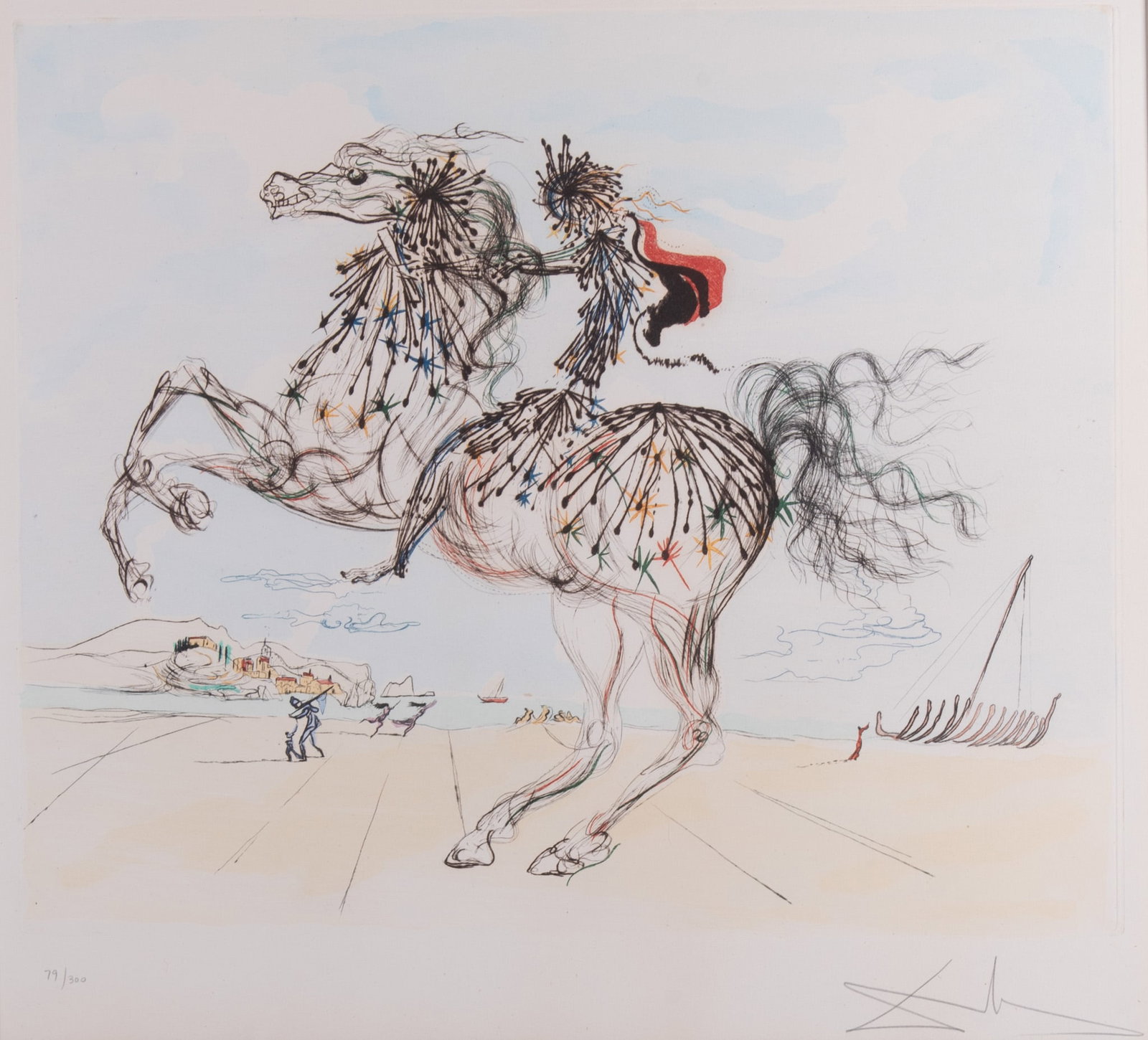 After Salvador Dali, Le Chevauchee, hand-colored etching, ed. 79/300: After Salvador Dali Le Chevauchee hand-colored etching, ed. 79/300 signed and numbered in pencil lower margin, framed. Plate: 21 x 23 inches; 32 x 33 1/2 inches (overall with frame)