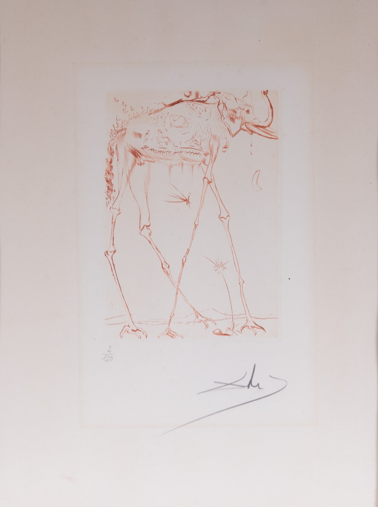 Salvador Dali, Spain (1904-1989), Space Elephant, 1968, etching, ed. 2/150: Salvador Dali Spain, (1904-1989) Space Elephant, 1968 etching, ed. 2/150 signed and numbered in pencil lower margin, framed. 14 x 10 1/2 inches (visible); 20 x 16 1/2 inches (overall with frame)