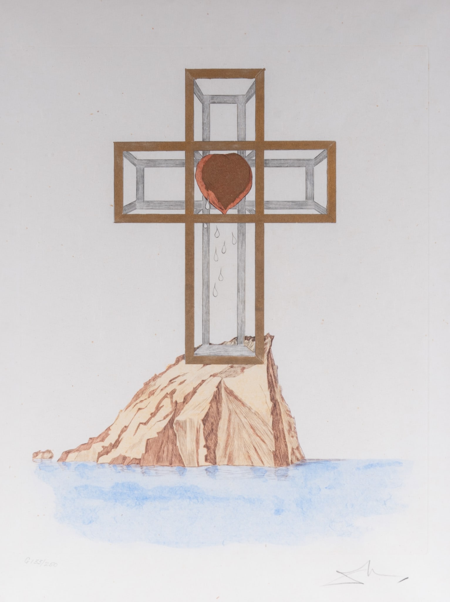 Attributed to Salvador Dali, Spain (1904-1989), Cruz de San Pedro, etching and aquatint, ed. G.: Attributed to Salvador Dali Spain, (1904-1989) Cruz de San Pedro etching and aquatint, ed. G. 133/250 signed and numbered in pencil, framed. Plate: 19 3/4 x 15 3/4 inches; 33 x 26 1/2 inches (overall 