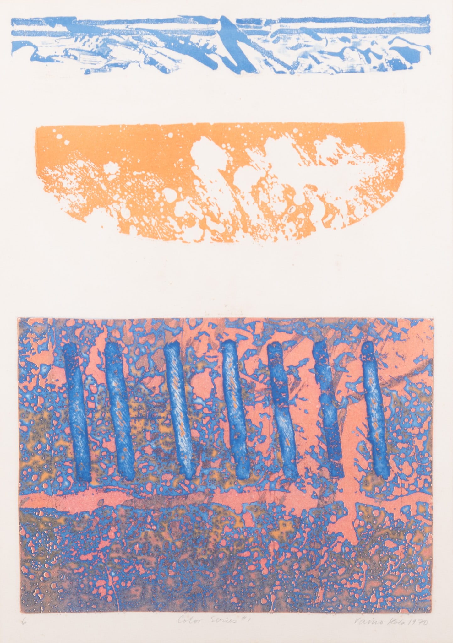 Vaino Kola, Finnish American (b. 1937), Color Series #2, 1970, aquatint on Arches paper: Vaino Kola Finnish American, (b. 1937) Color Series #2, 1970 aquatint on Arches paper signed, dated, and titled lower margin, framed. 19 1/2 x 14 inches (visible); 26 x 20 inches (overall with frame)