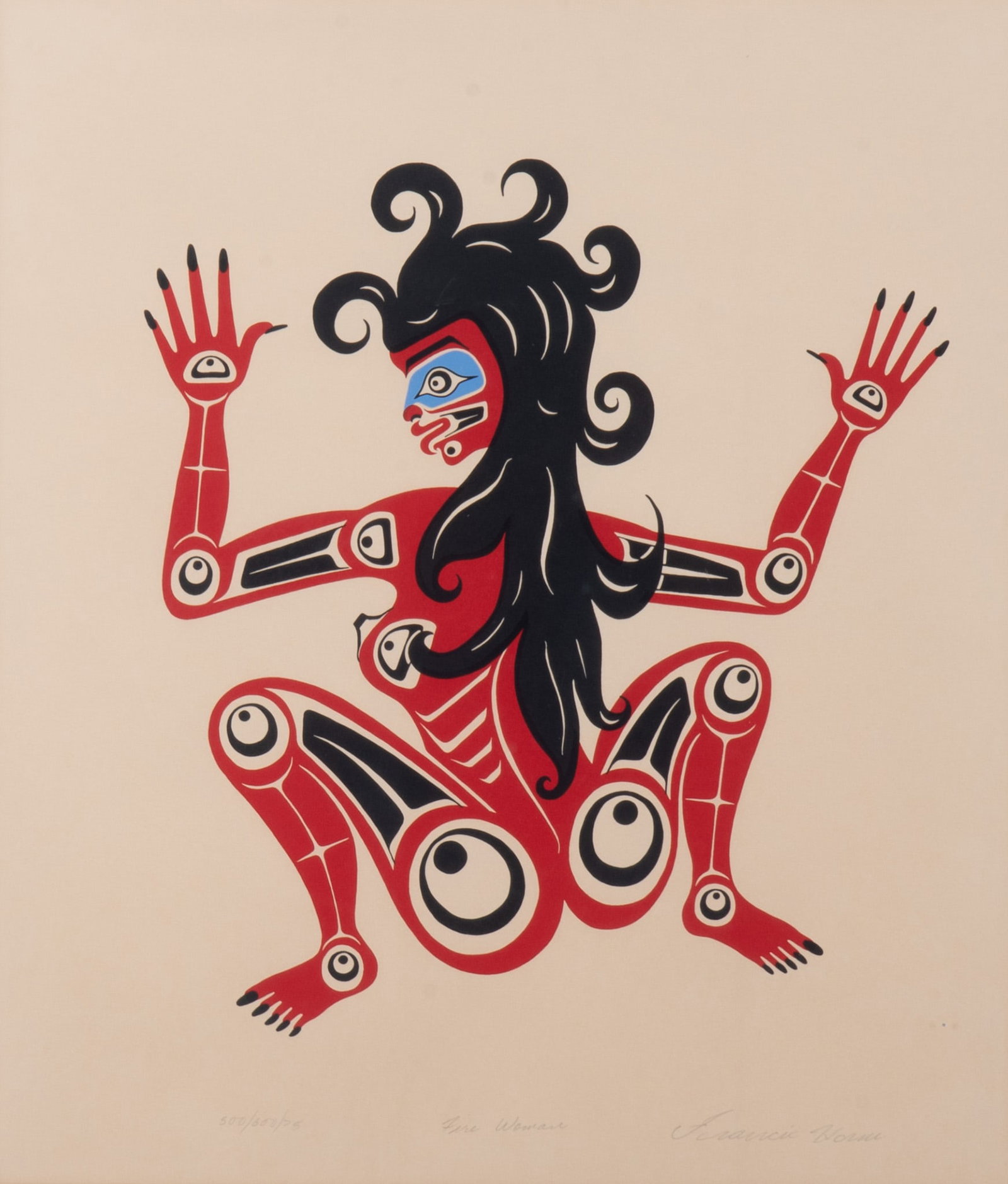 Francis Horne Sr., Fire Woman, serigraph: Francis Horne Sr. Fire Woman serigraph numbered 500/600/78 signed and titled in pencil, framed. 14 3/4 x 13 inches (visible); 25 x 22 inches (overall with frame)