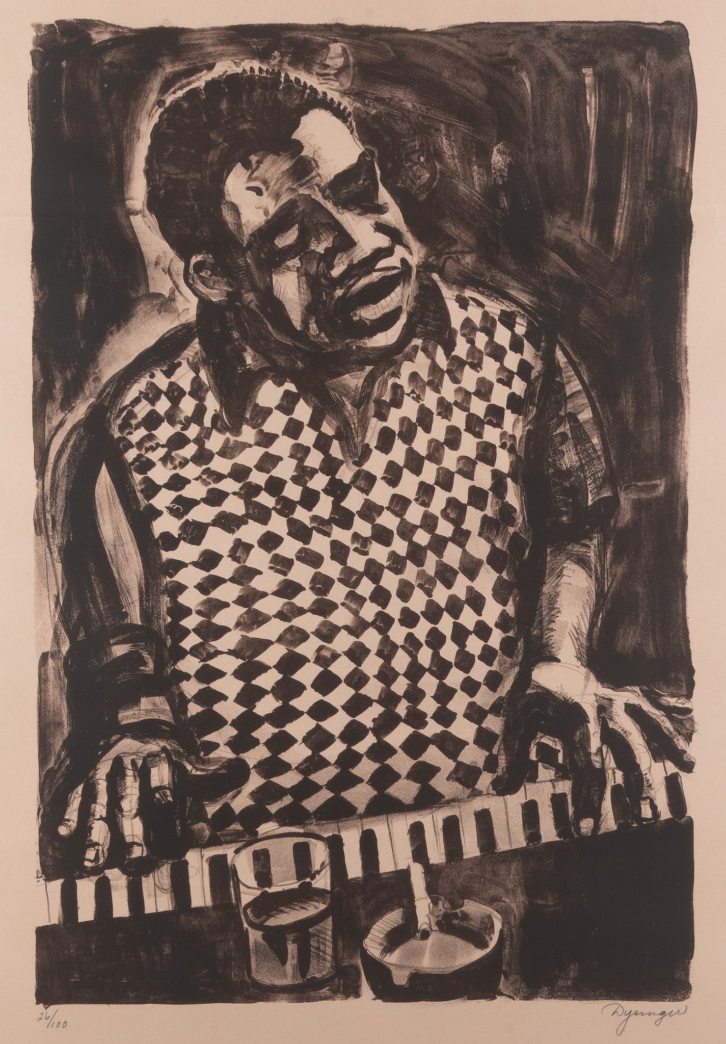 Susan Dysinger, 20th Century, Otis [Otis Spann, famed Chicago jazz pianist], lithograph, ed. 26/100: Susan Dysinger 20th Century Otis [Otis Spann, famed Chicago jazz pianist] lithograph, ed. 26/100 signed and numbered in pencil, framed. Dysinger moved to California and became famous for her color pri