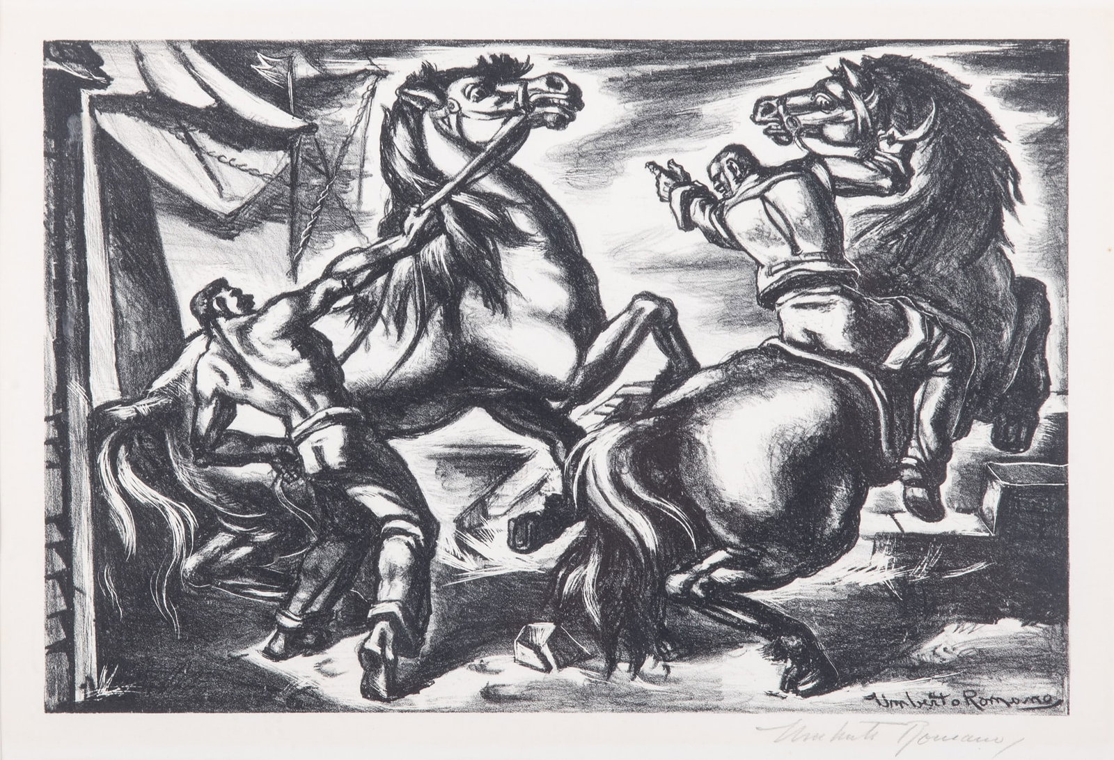 Umberto Roberto Romano, New York, Massachusetts / Italy (1905-1982), Frightened Horses, lithograph,: Umberto Roberto Romano New York, Massachusetts / Italy, (1905-1982) Frightened Horses lithograph, from an edition of 250 signed in pencil, framed. Published by Associated American Artists, N.Y. 9 x 13