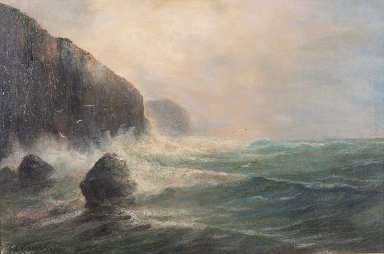 Owen Baxter Morgan, British (fl. 1905-1932), Coastal Cliff, oil on canvas: Owen Baxter Morgan British, (fl. 1905-1932) Coastal Cliff oil on canvas signed lower left, framed. 20 x 30 inches; 30 x 39 inches