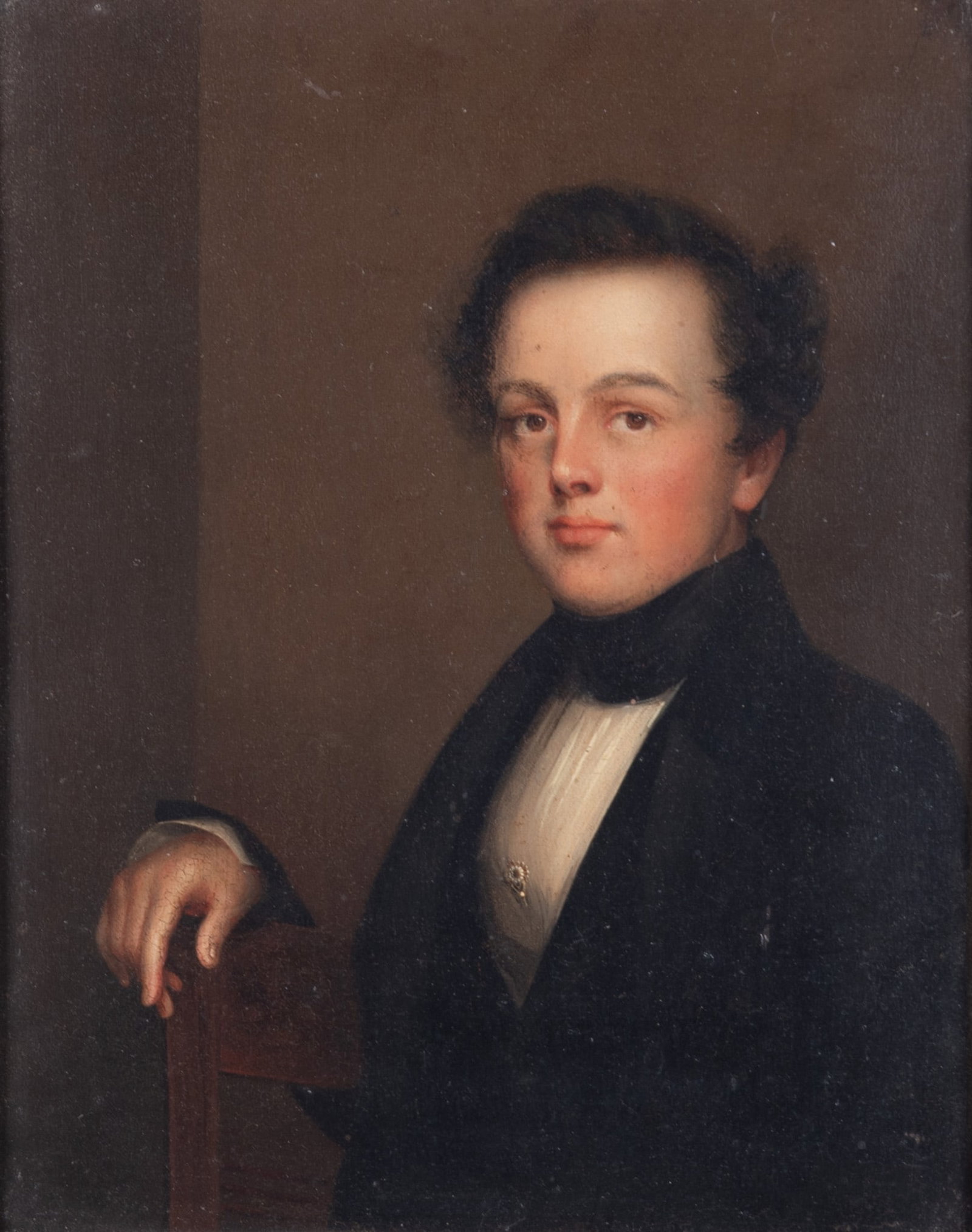 Circle of George Caleb Bingham, Virginia / Missouri (1811-1879), Waist-Length Portrait of a Young: Circle of George Caleb Bingham Virginia / Missouri, (1811-1879) Waist-Length Portrait of a Young Gentleman, said to be William Pettus oil on wood panel unsigned, framed. Provenance: Pettus family, 437