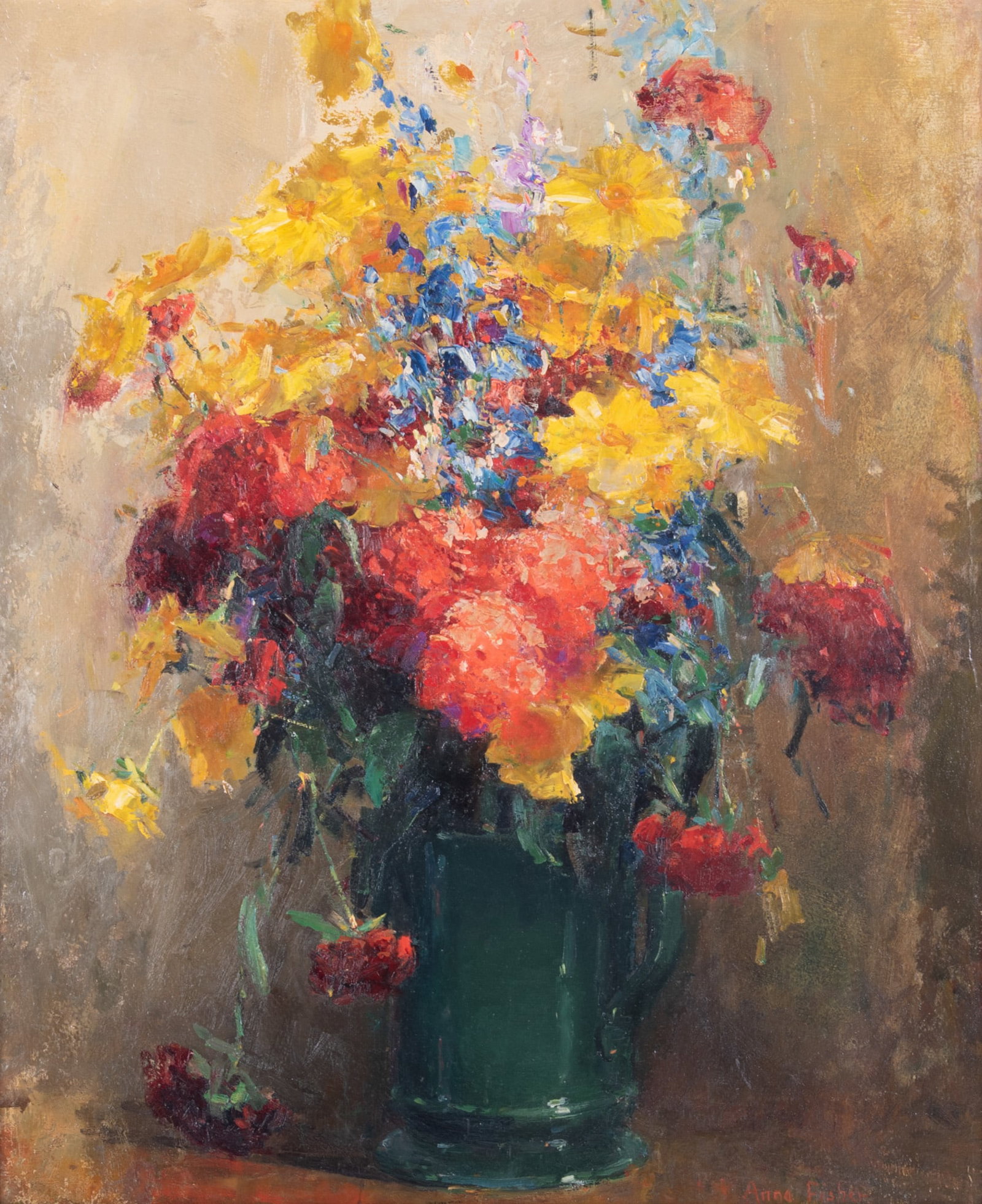 Anna S. Fisher, New York (1873-1942), Flowers in a Vase, oil on board: Anna S. Fisher New York, (1873-1942) Flowers in a Vase oil on board signed lower right, gilt-framed. 30 x 24 inches; 35 x 29 inches (overall with frame)