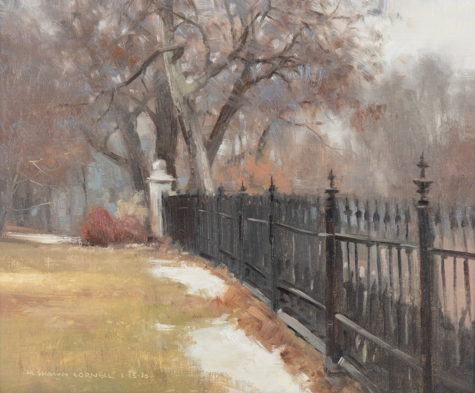Shawn Cornell, St. Louis , Lafayette Square, 2010, oil on board: Shawn Cornell St. Louis Lafayette Square, 2010 oil on board signed and dated lower left, and again with details about the day and time when this was painted, with the artist's plein air stamp on the r