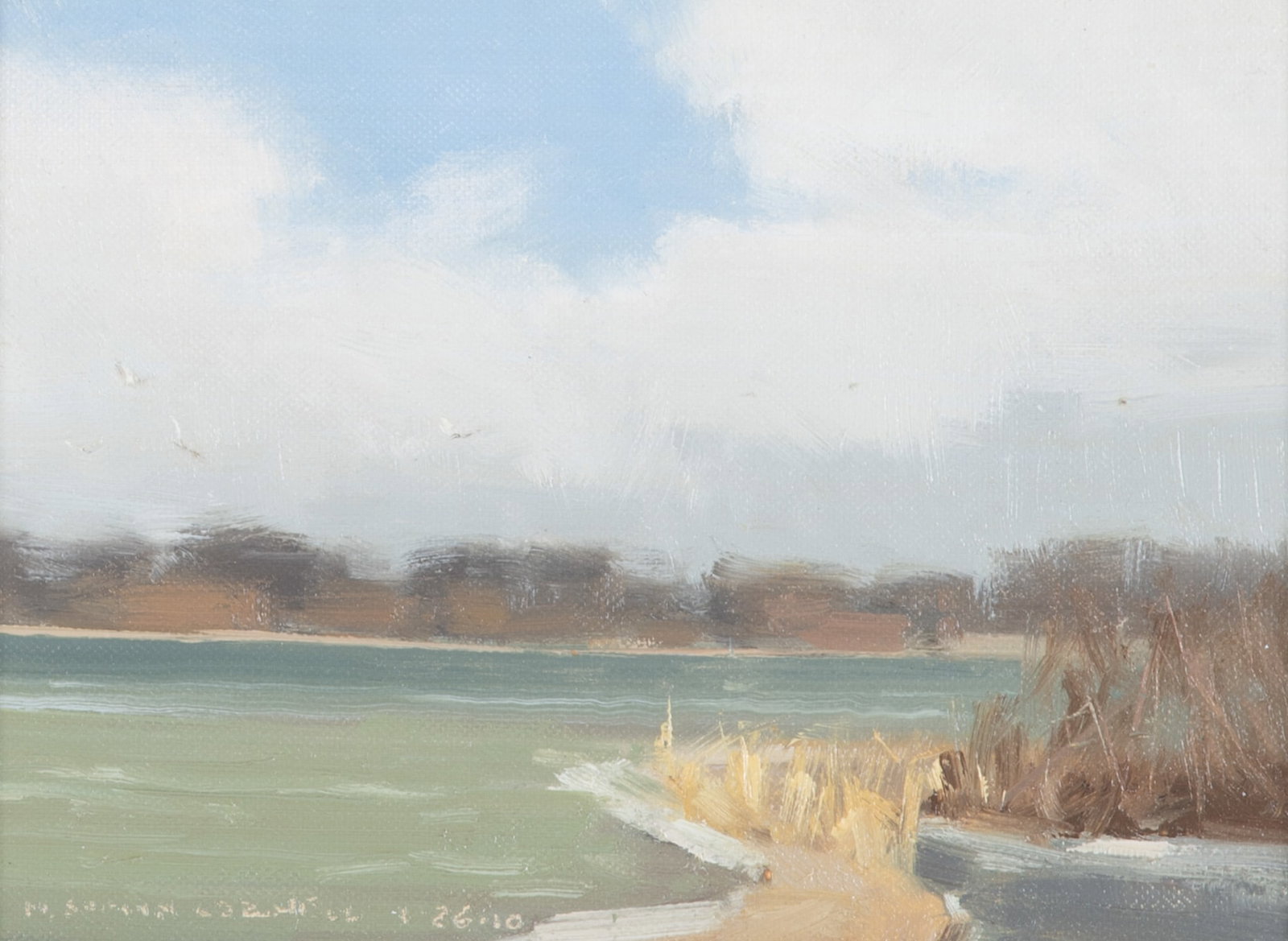 Shawn Cornell, St. Louis , Creve Coeur Lake, 2010, oil on board: Shawn Cornell St. Louis Creve Coeur Lake, 2010 oil on board signed and dated lower left, and again with details about the day and time when this was painted, with the artist's plein air stamp on the r