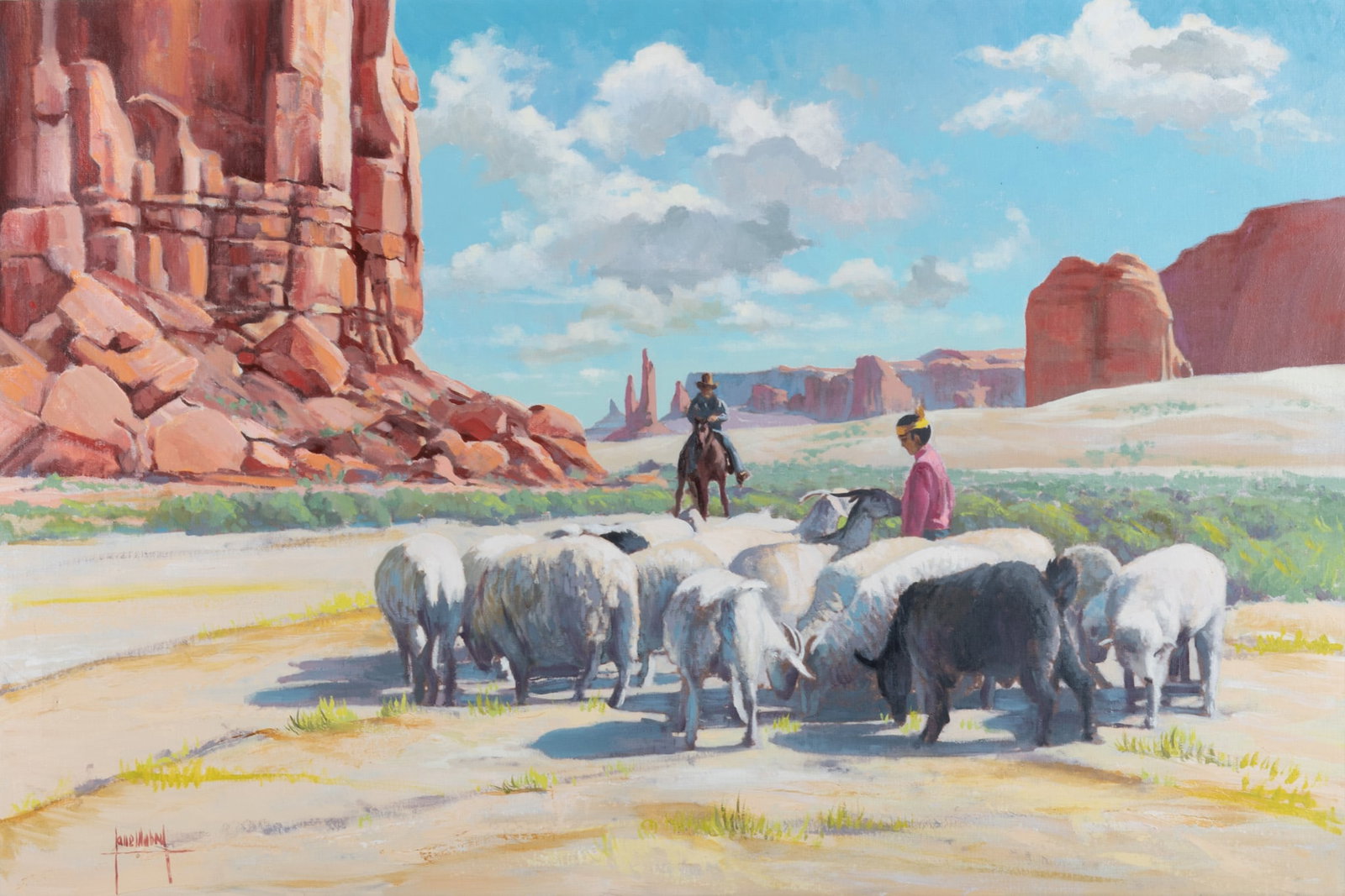 Jane Robinson Mabry, New Mexico (1911-2006), Canyon Scene with Cattle and Sheep, oil on canvas: Jane Robinson Mabry New Mexico, (1911-2006) Canyon Scene with Cattle and Sheep oil on canvas signed lower left, framed. 24 x 36 inches; 29 1.2 x 42 inches (overall with frame)
