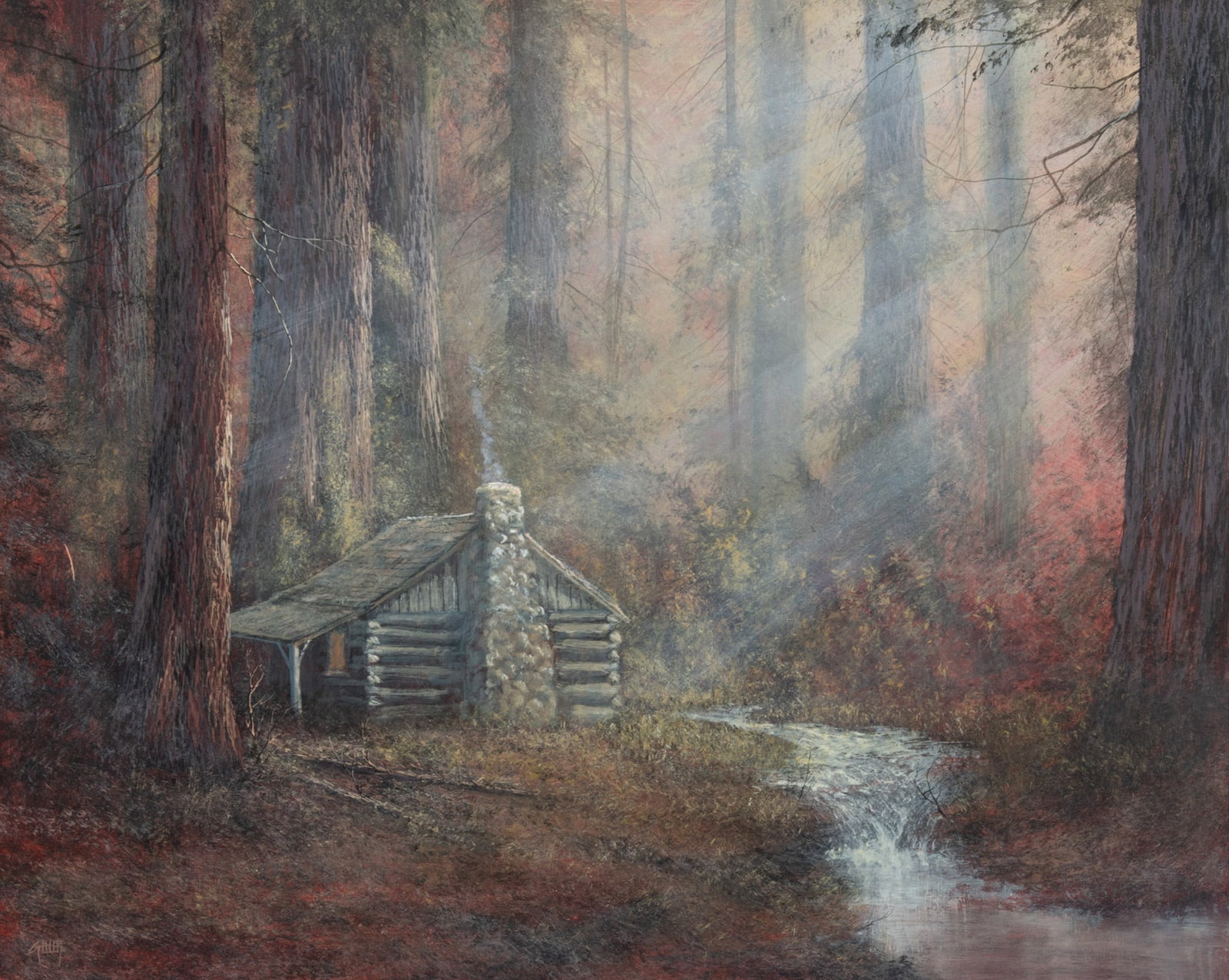 Mark Geller, (b. 1947), Log Cabin in the Woods, oil on board (1 of 3)