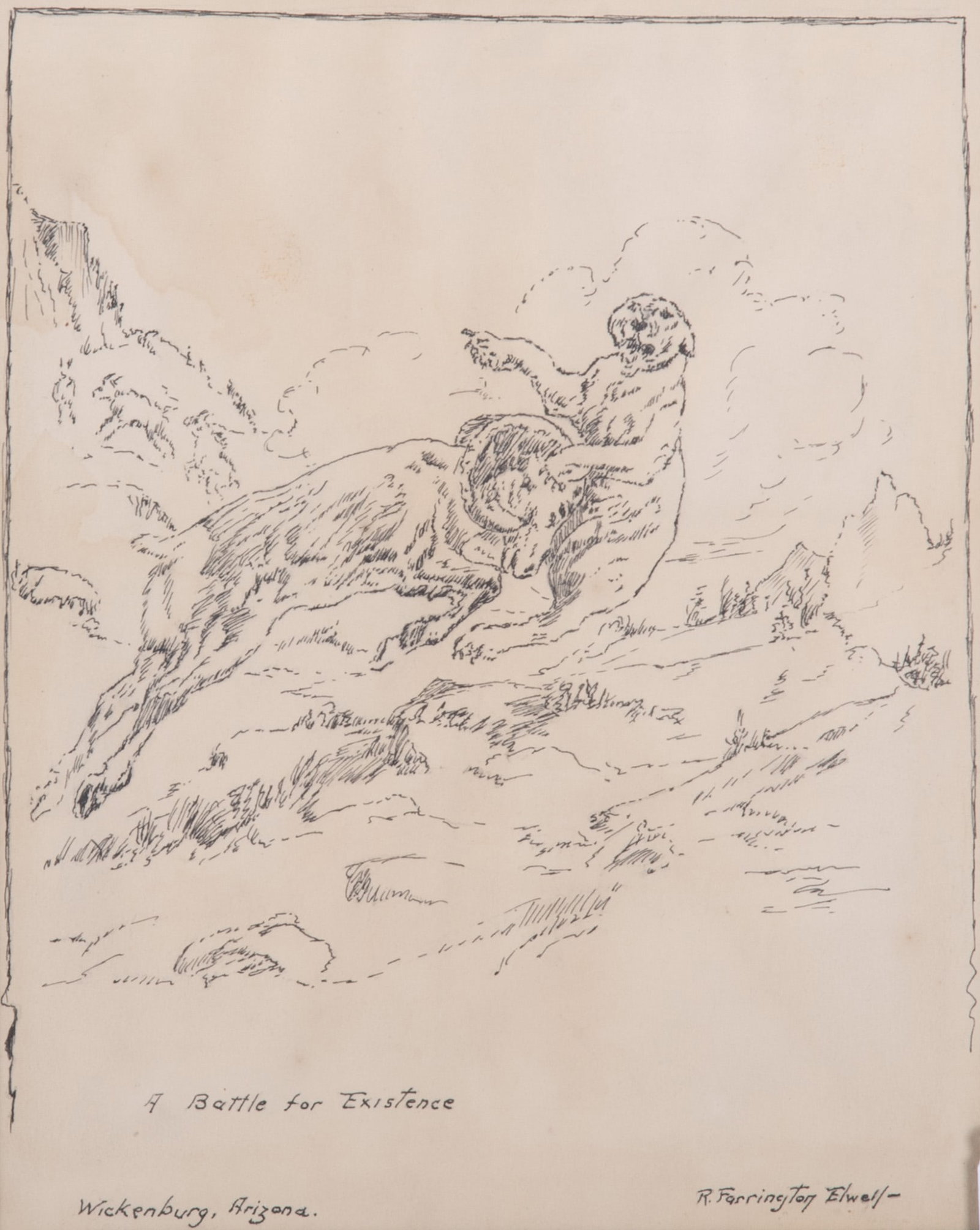 Robert Farrington Elwell, Massachusetts / Arizona (1874-1962), A Battle for Existence, Wickenburg,: Robert Farrington Elwell Massachusetts / Arizona, (1874-1962) A Battle for Existence, Wickenburg, Arizona ink on paper signed and titled, framed. 9 x 7 1/4 inches (visible); 12 x 10 1/2 inches (overal