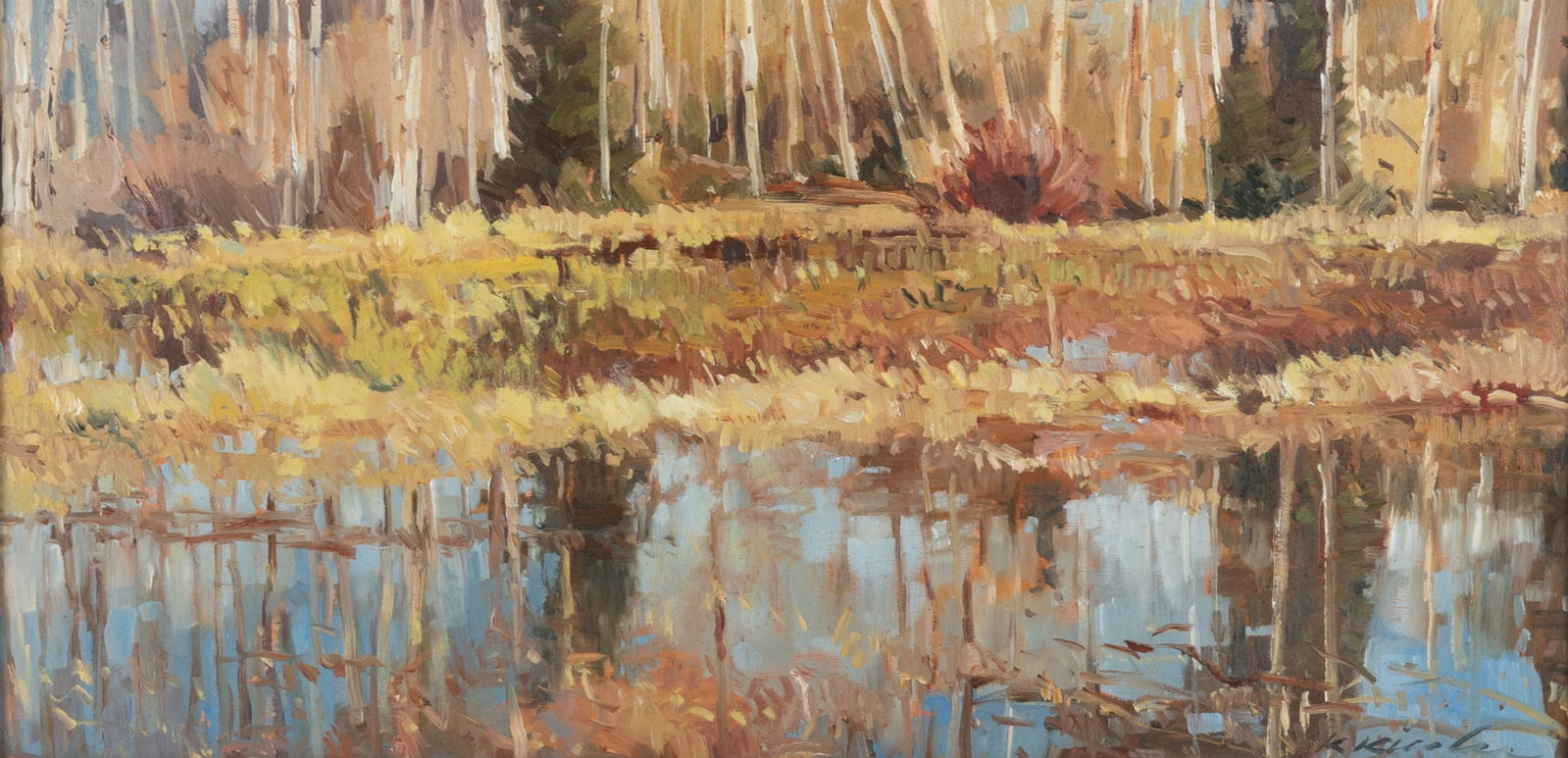 Kate Kiesler, 20th / 21st Centuries, Reflection, Receding Water, oil on board: Kate Kiesler 20th / 21st Centuries Reflection, Receding Water oil on board signed lower right, framed. 12 x 24 inches; 20 x 32 inches (overall with frame)