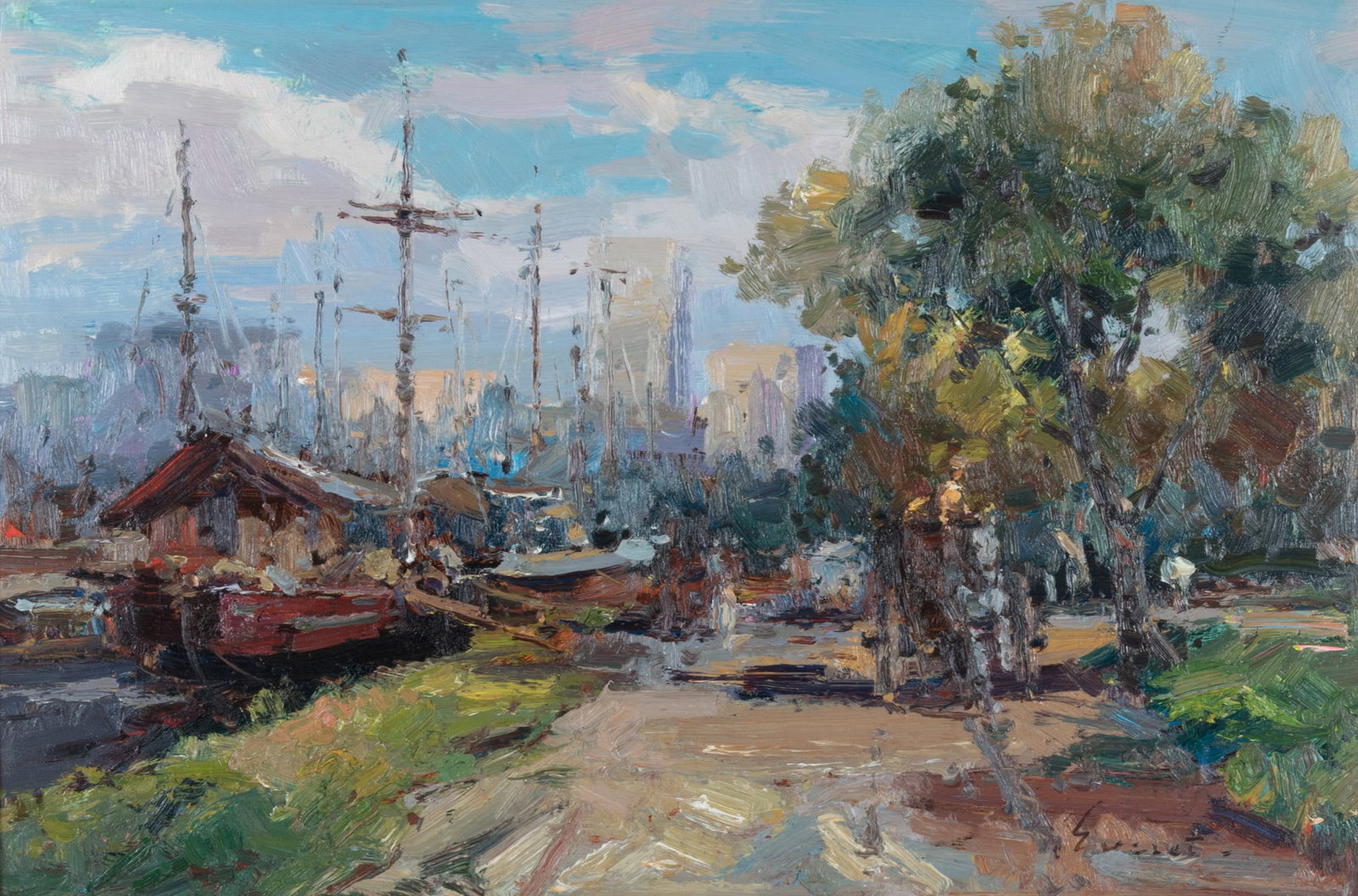 Everet, American 20th Century, Impressionist Scene with Docked Sailboats, oil on canvas: Everet American, 20th Century Impressionist Scene with Docked Sailboats oil on canvas signed lower right, framed. 24 x 36 inches; 31 x 42 1/2 inches (overallw ith frame)