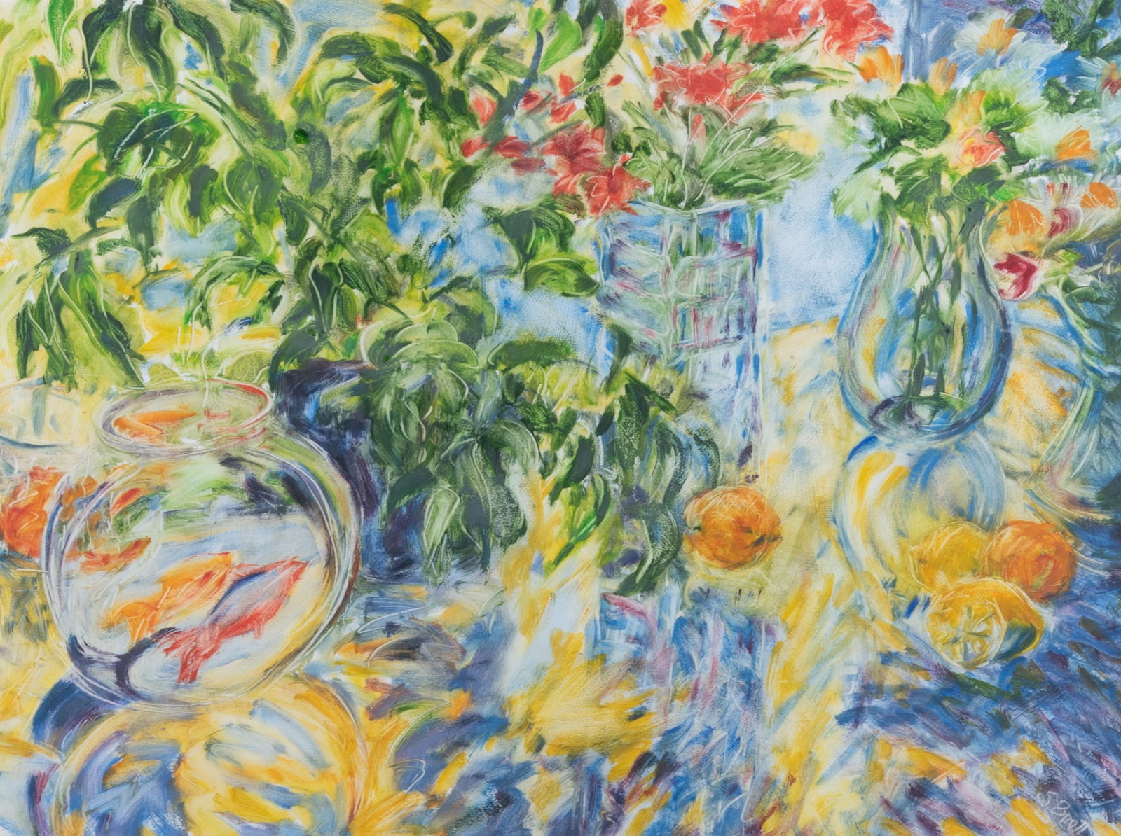 Sandra Brett, South Carolina 20th / 21st centuries, Still Life with Goldfish, oil on paper: Sandra Brett South Carolina, 20th / 21st centuries Still Life with Goldfish oil on paper signed lower right, framed. 21 1/2 x 29 inches (visible); 30 x 39 inches (overall with frame)