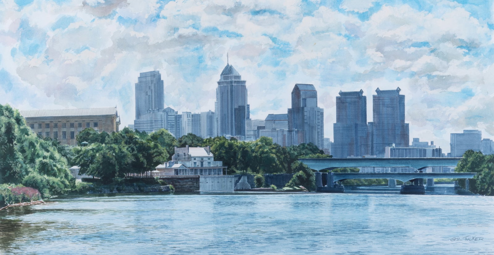 Gil Tucker, 20th Century, Philadelphia Skyline, watercolor on paper: Gil Tucker 20th Century Philadelphia Skyline watercolor on paper signed lower right, framed. 16 x 31 1/2 inches (visible); 25 x 40 inches (overall with frame)