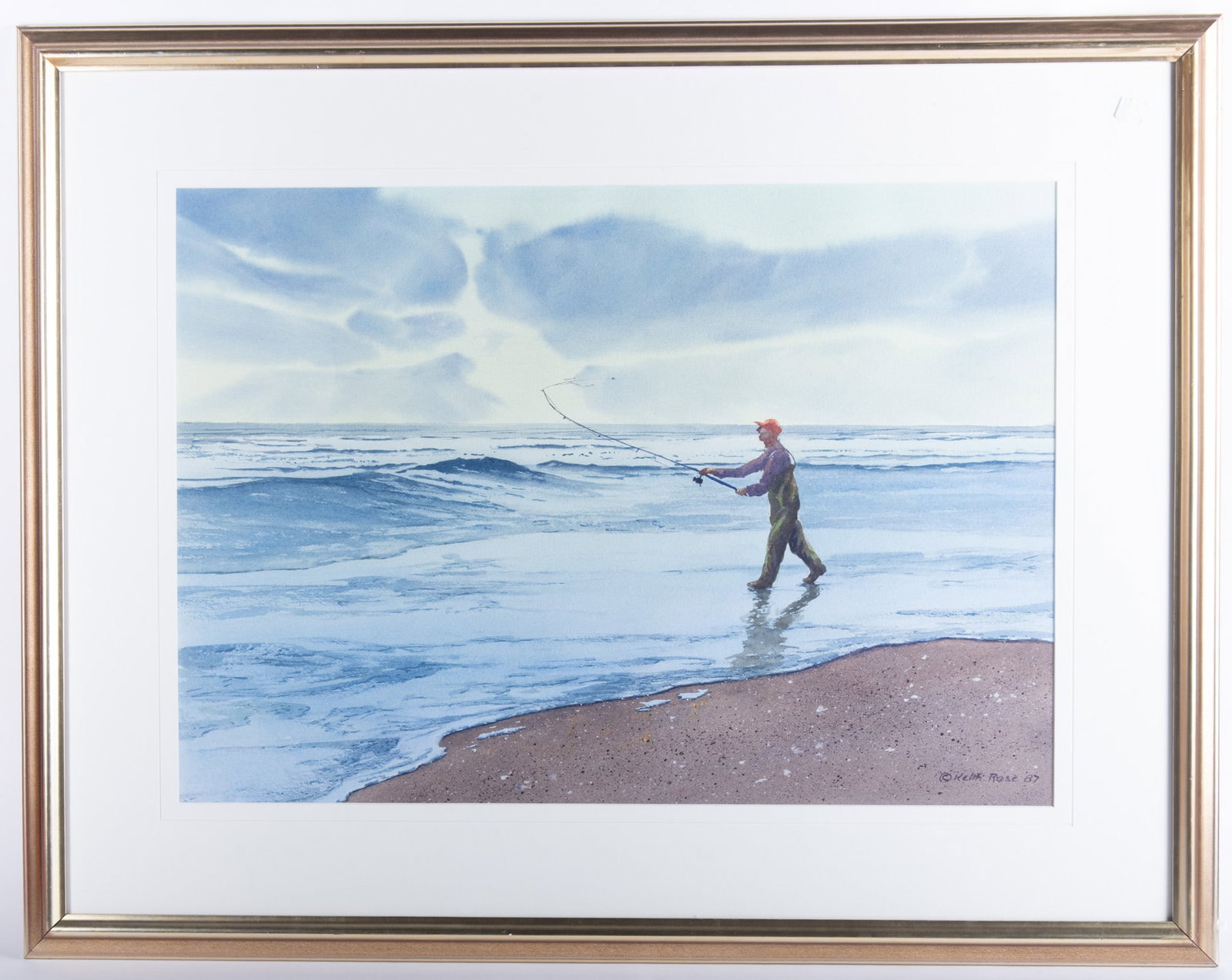 Keith Rose, North Carolina (1920-2007), Fly Fishing, 1987, watercolor on paper: Keith Rose North Carolina, (1920-2007) Fly Fishing, 1987 watercolor on paper signed and dated lower right, framed. 20 x 29 inches (visible); 30 x 40 inches (overall with frame)