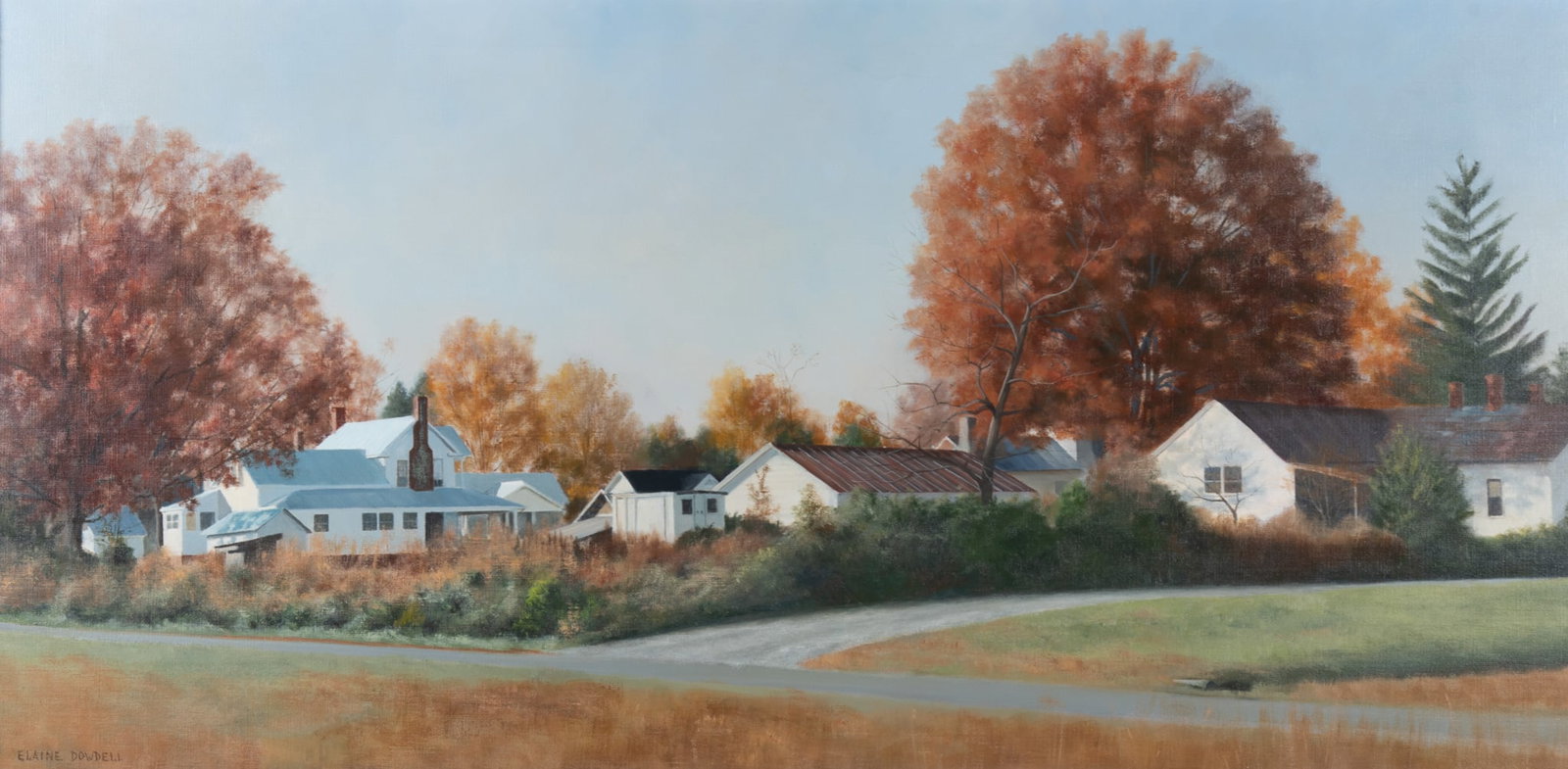 Elaine Day Dowdell, North Carolina (1931-2014), Houses in an Autumn Landscape, oil on canvas: Elaine Day Dowdell North Carolina, (1931-2014) Houses in an Autumn Landscape oil on canvas signed lower left, framed. 20 x 40 1/2 inches; 25 1/2 x 45 1/2 inches (overall with frame)