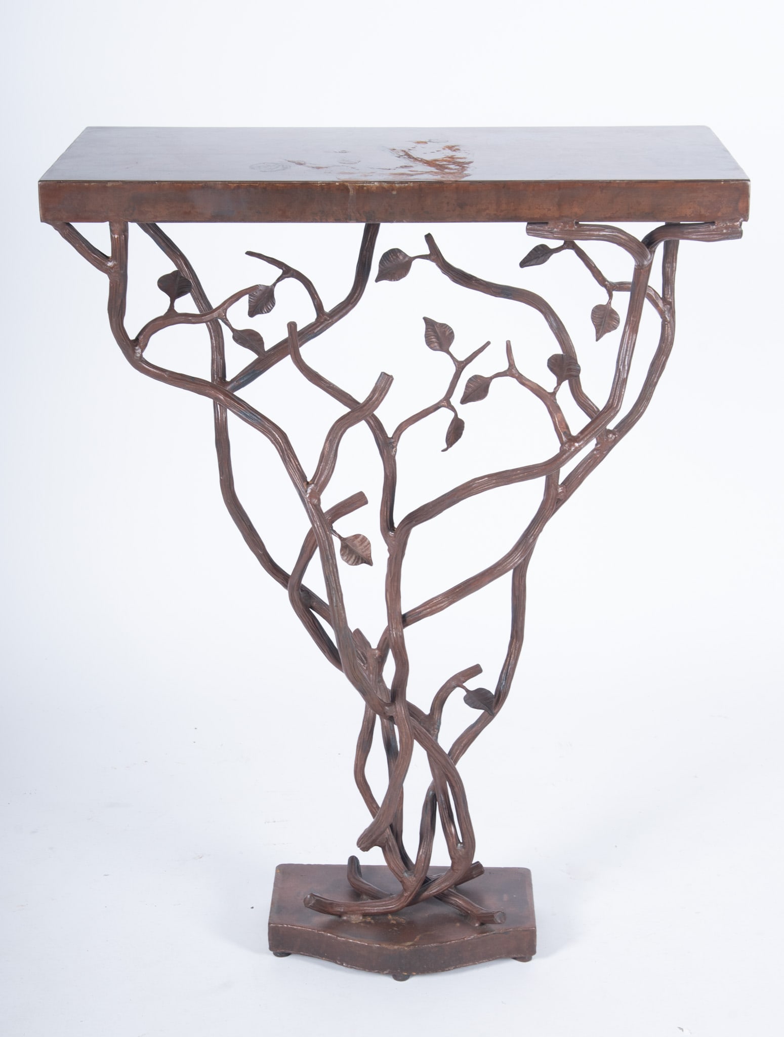 Twentieth Century Iron Console Table: Twentieth Century Iron Console Table Rectangular top above a naturalistic support showing vines and branches, all ending on a shaped iron base. 34 1/2 x 26 x 12 inches