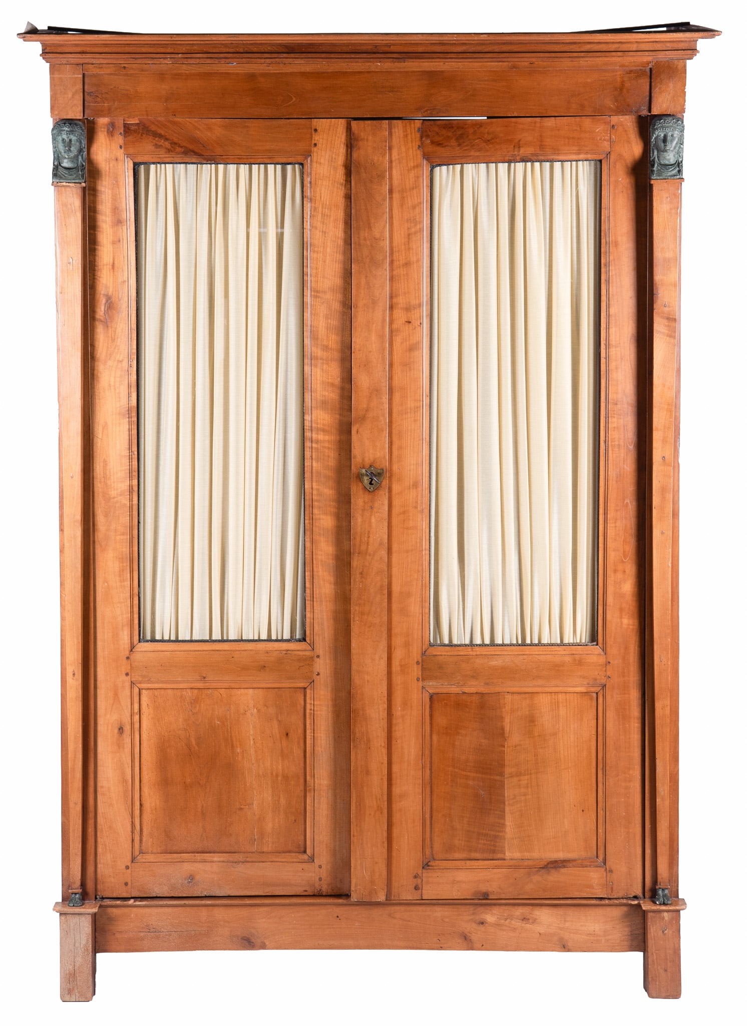 A Very Fine Eighteenth-Century French Cabinet: A Very Fine Eighteenth-Century French Cabinet Stepped cornice above a pair of glass doors centering tapering and masked columns with original thick iron lock raised on straight block feet. 87 x 58 x 1