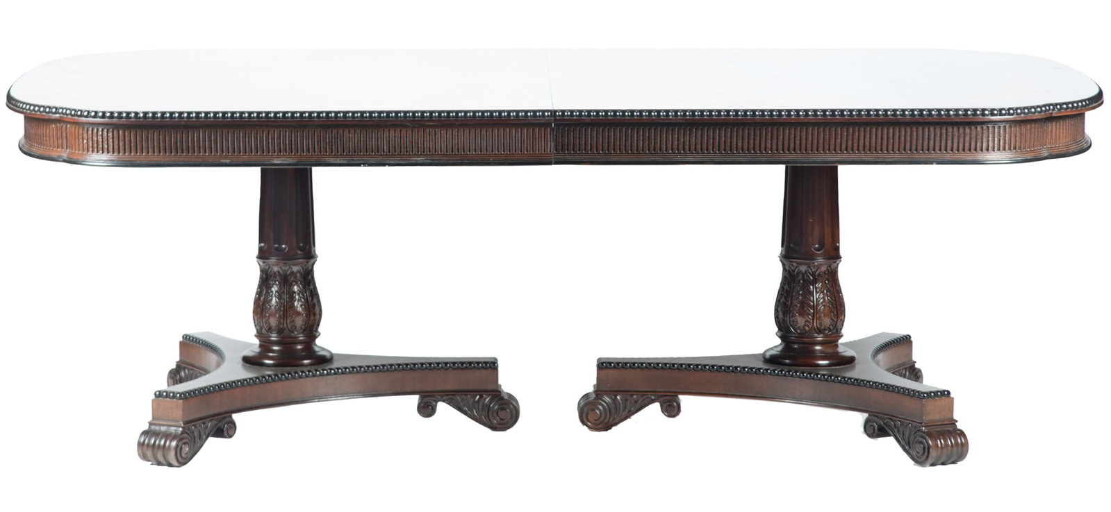 Large Modern Dining Table: Large Modern Dining Table With crossbanded style top above beaded and fluted molding supported on twin pedestals with fluted and acanthus leave columns ending on tripod bases and curved feet. Two
