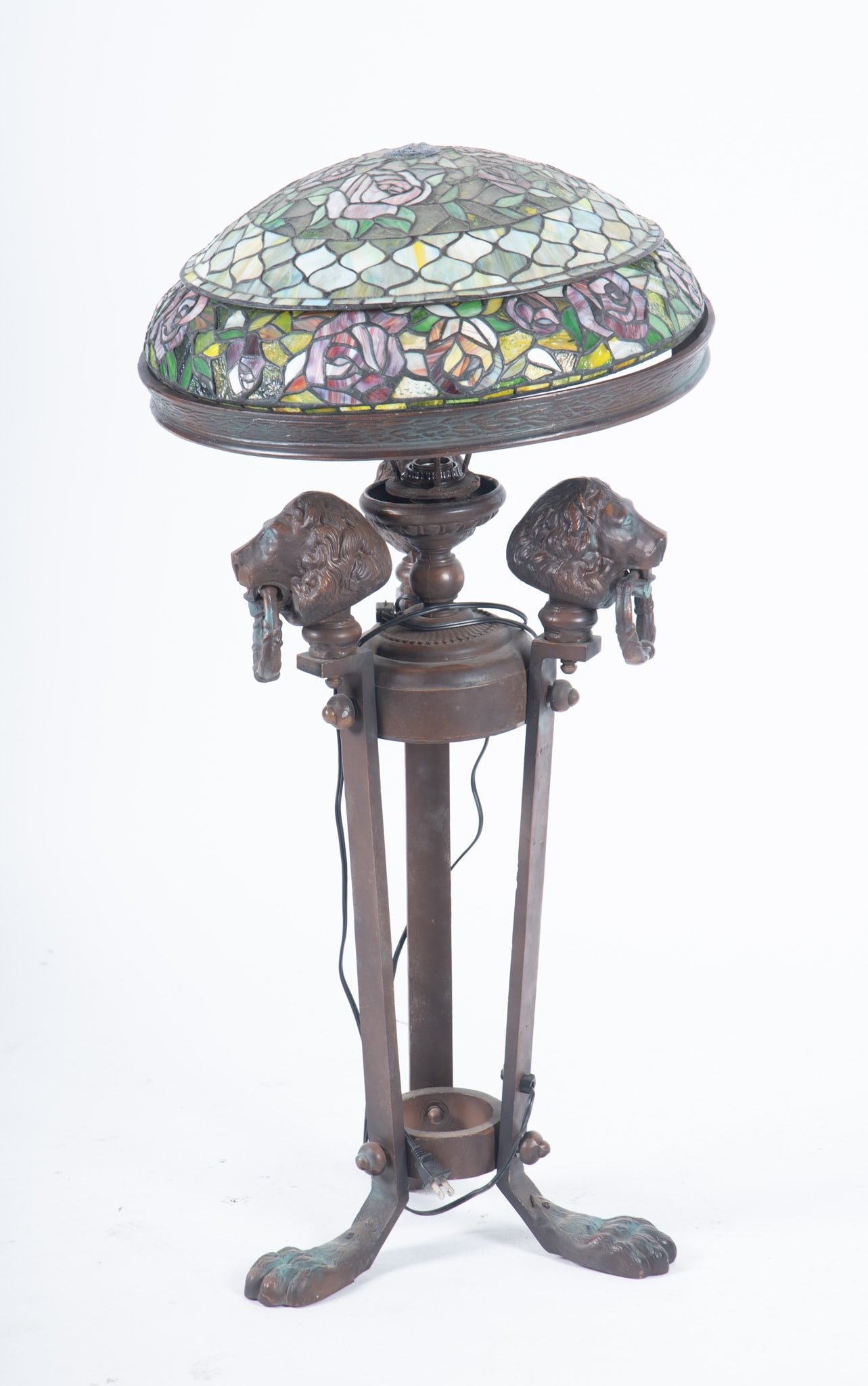 Large 20th Century Stained Glass Banquet Lamp: Large 20th Century Stained Glass Banquet Lamp Tripartite base with lion heads and paw feet, missing one decorative ring. Height: 36 inches