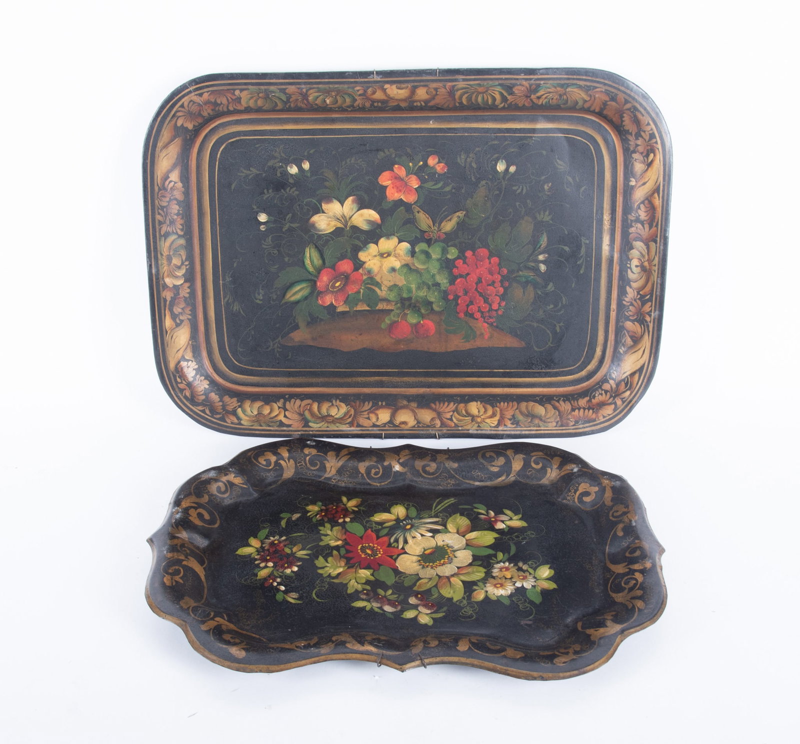 Two Antique Tole Peint Trays: Two Antique Tole Peint Trays Painted with floral decoration. 22 x 16 inches; and 20 x 14 inches