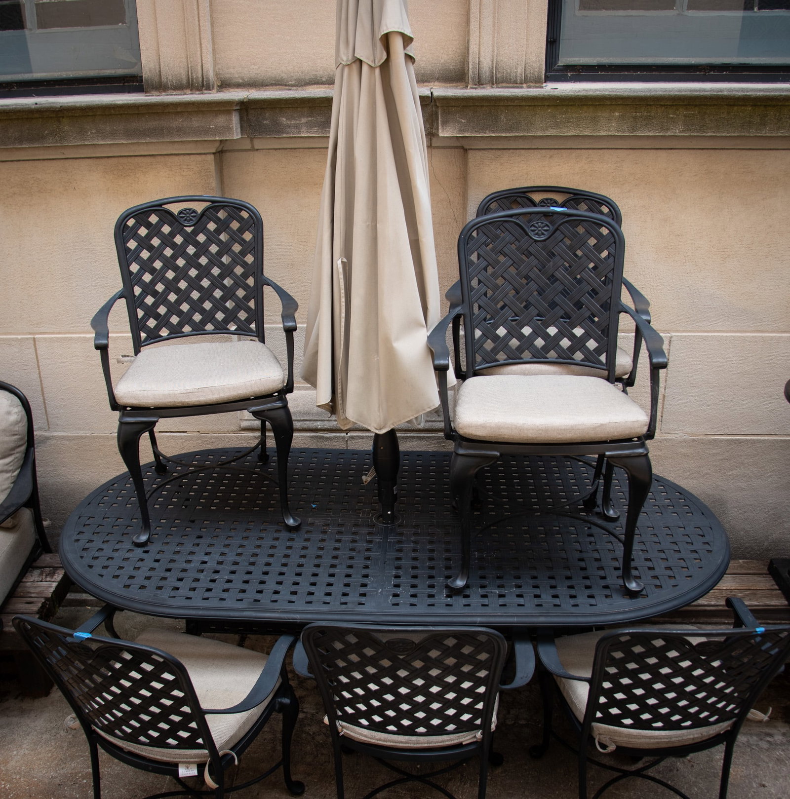 Outdoor / Patio Cast Metal Umbrella Dining Table with Six Armchairs (1 of 3)