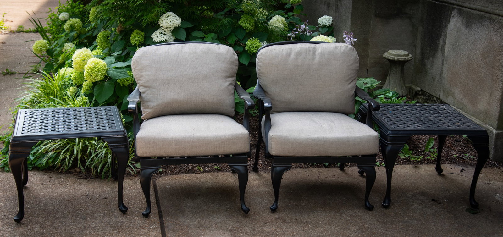 A Pair of Cast Metal Outdoor / Patio Armchairs with Two Matching Side Tables (1 of 4)