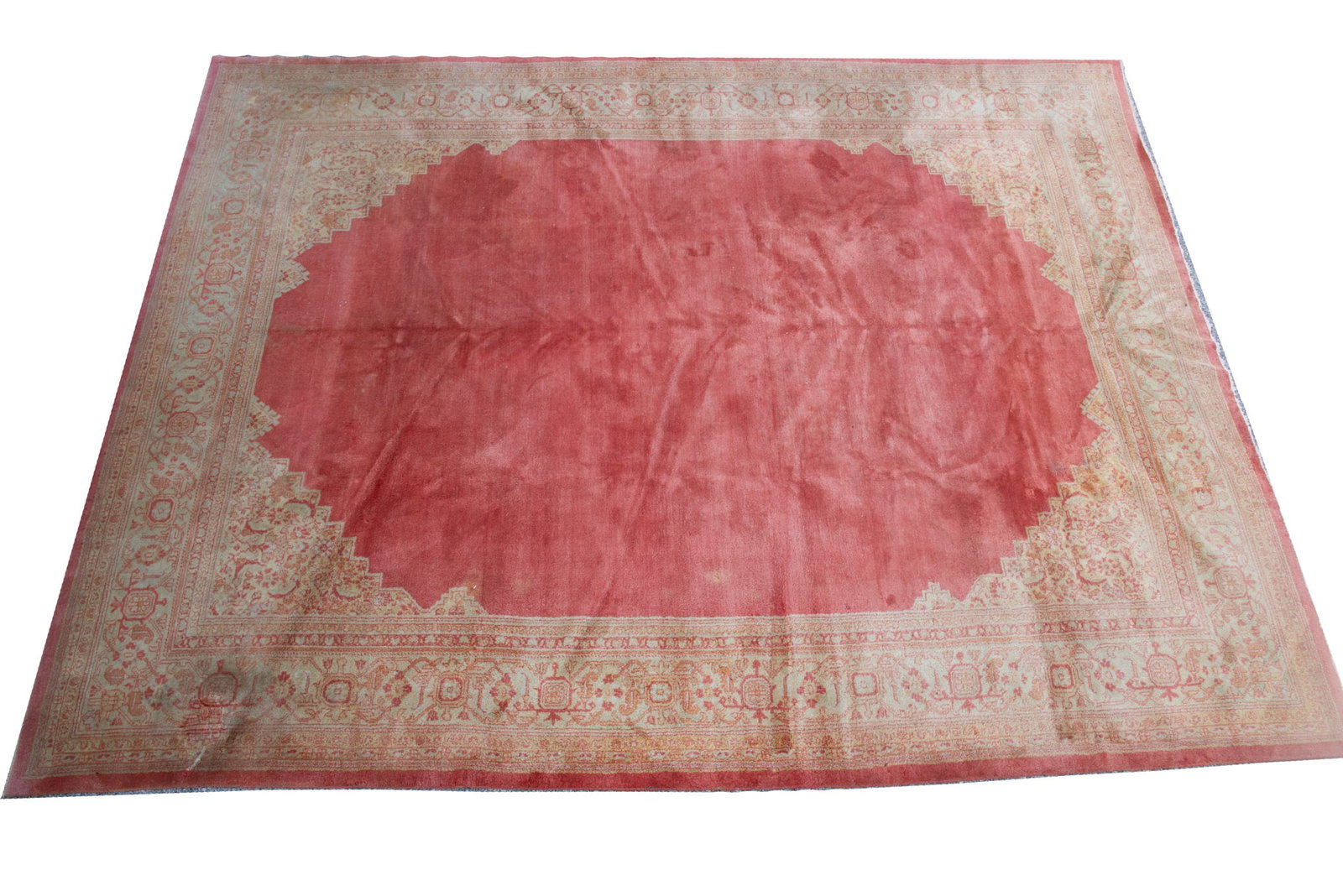 Handwoven Persian Room Rug: Handwoven Persian Room Rug The open field in orange centering floral and vine spandrels and wide green primary border and a pair of guard borders. 12' 4" x 16'