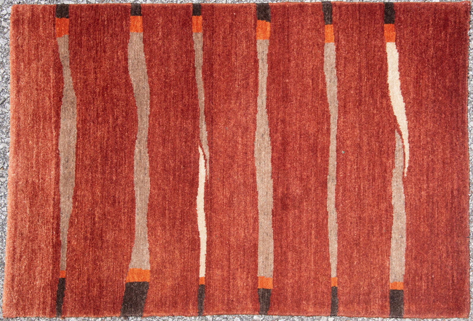 Handwoven Modern Design Area Rug: Handwoven Modern Design Area Rug Burnt orange field with six horizontal bands of ivory, orange and black 3' 1" x 2' 1/2" inches