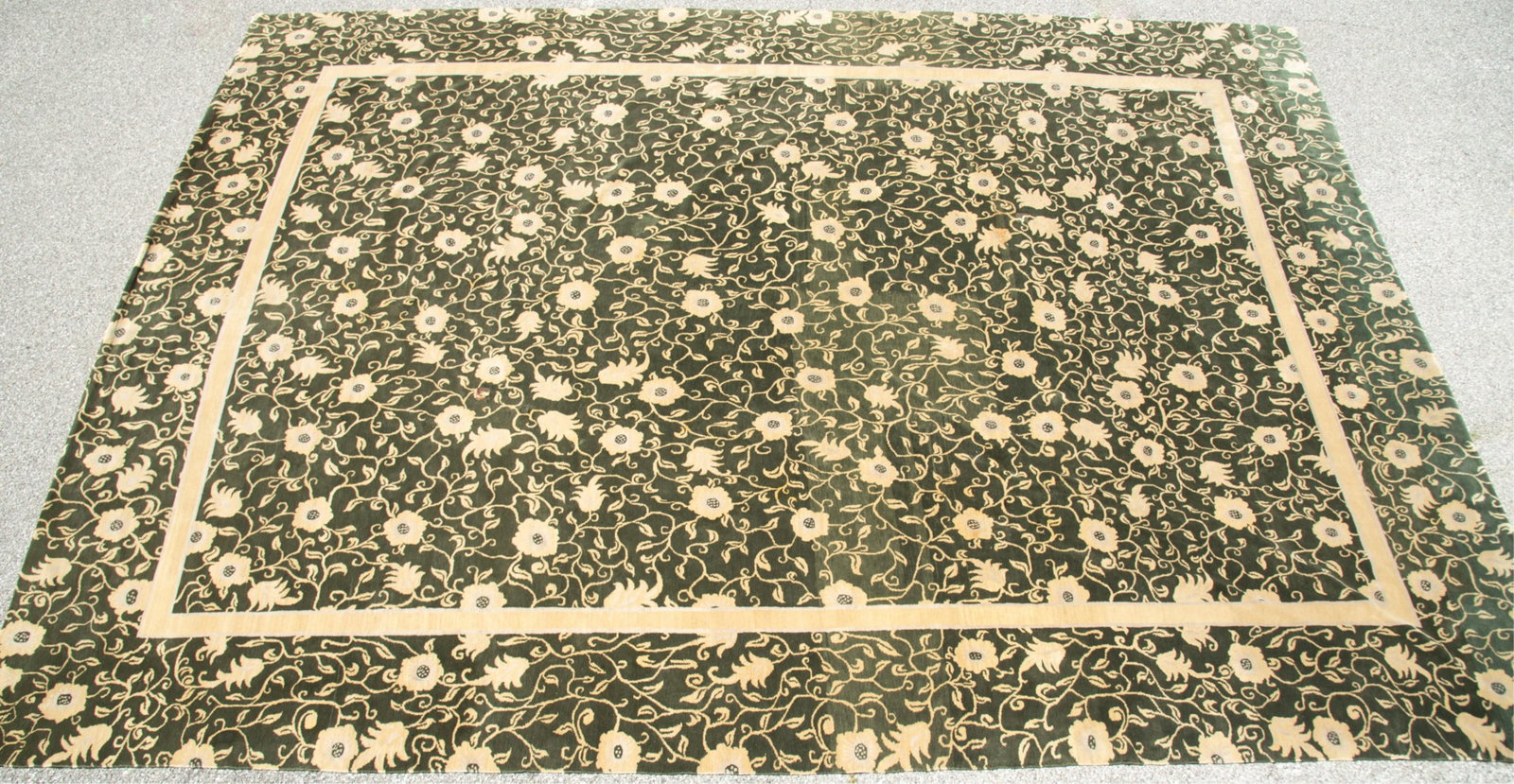 Large Custom Made Carpet: Large Custom Made Carpet Green field with all over floral and scrolling vine patterns and gold border band 14' x 19' 10"